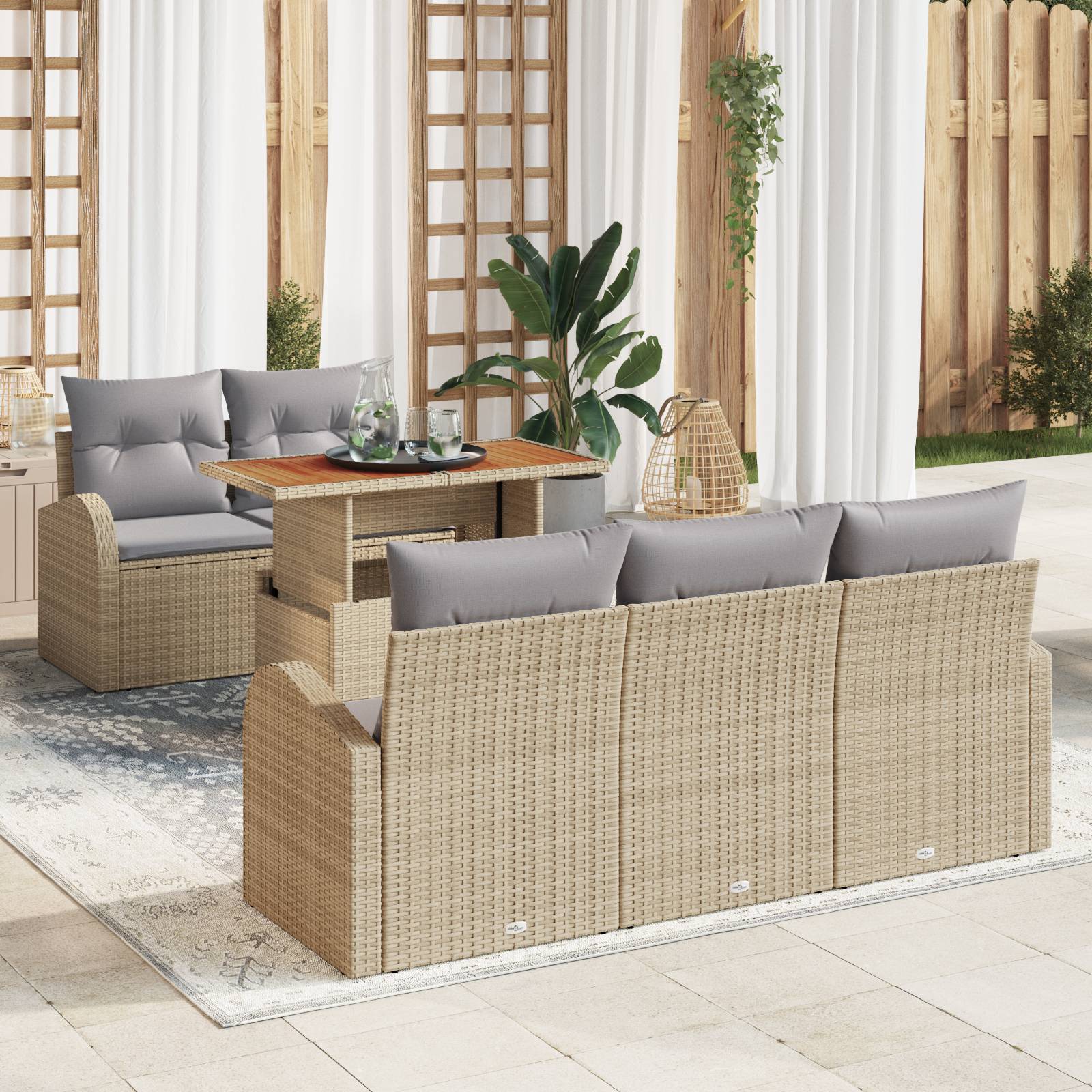 vidaXL 6-teiliges Garten Essset mit Kissen Beige Poly Rattan Akazie
