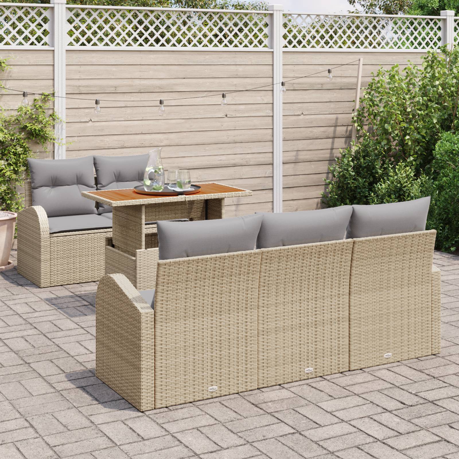 vidaXL 6-teiliges Garten Essset mit Kissen Beige Poly Rattan Akazie