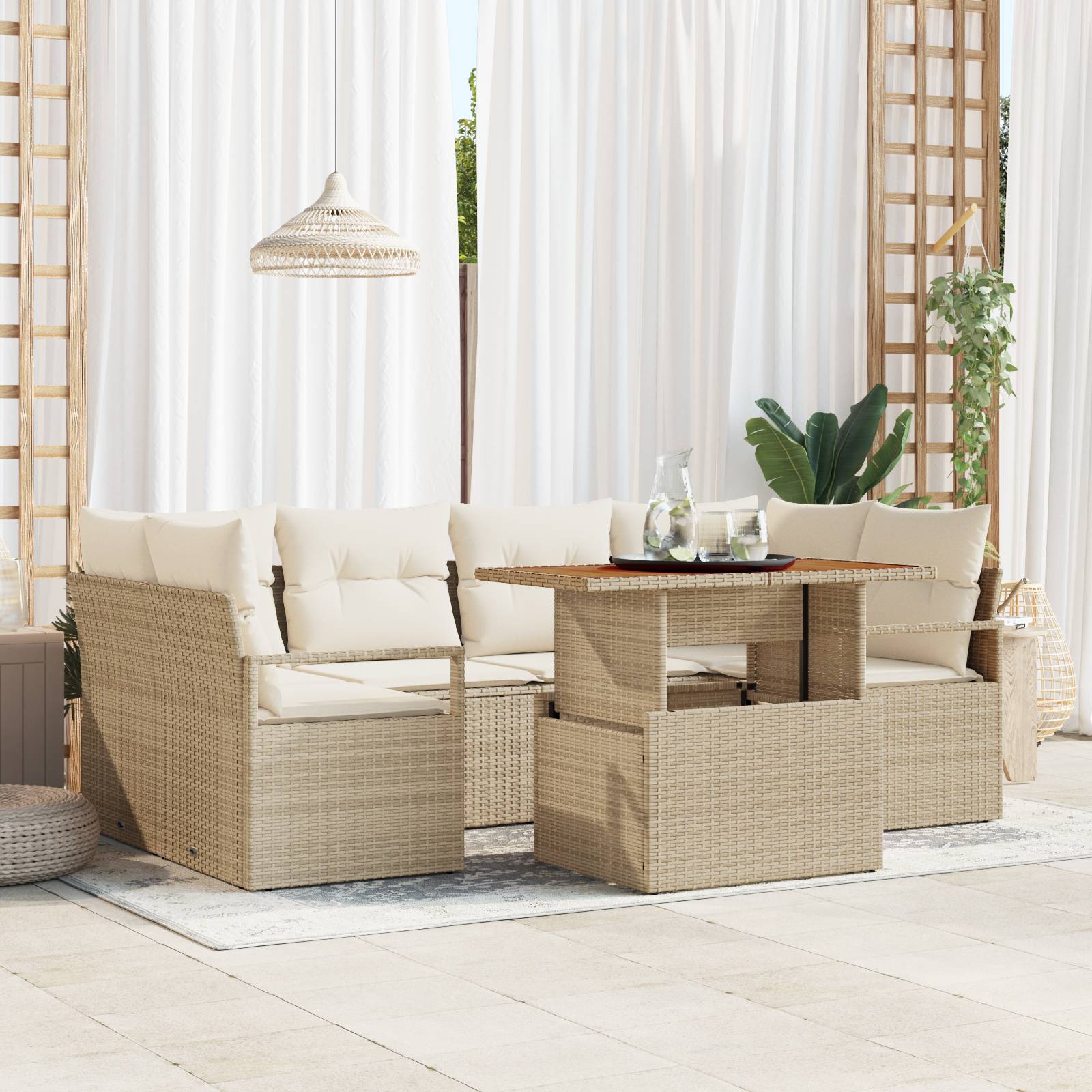 vidaXL 7-teiliges Garten-Sofa-Set mit Kissen Beige Poly Rattan Akazie