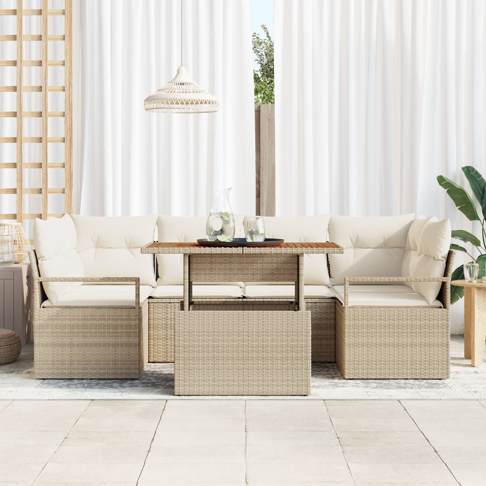 vidaXL 7-teiliges Garten-Sofa-Set mit Kissen Beige Poly Rattan Akazie