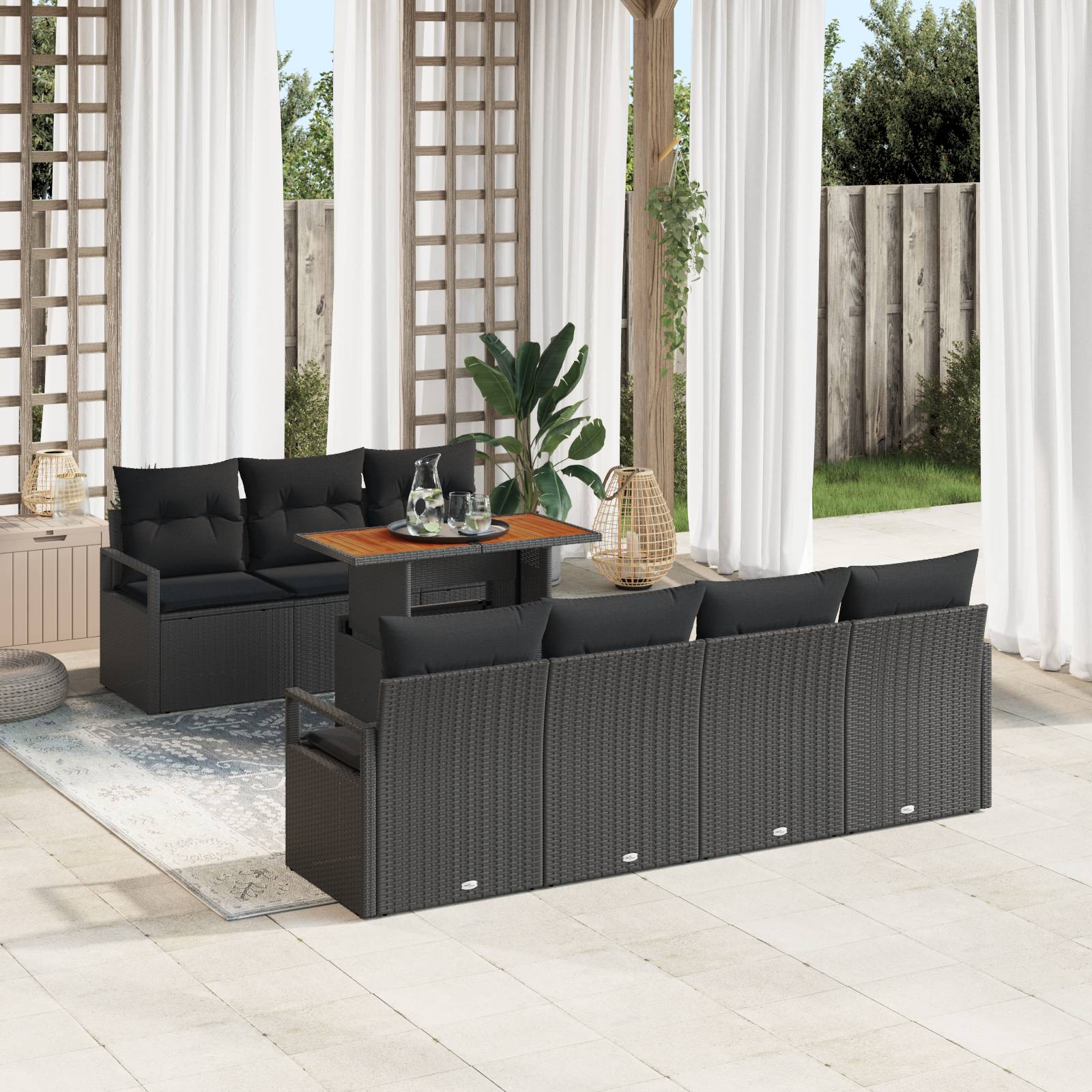 vidaXL 8-teiliges Garten Sofa Set mit Kissen Schwarz Poly Rattan Akazienholz