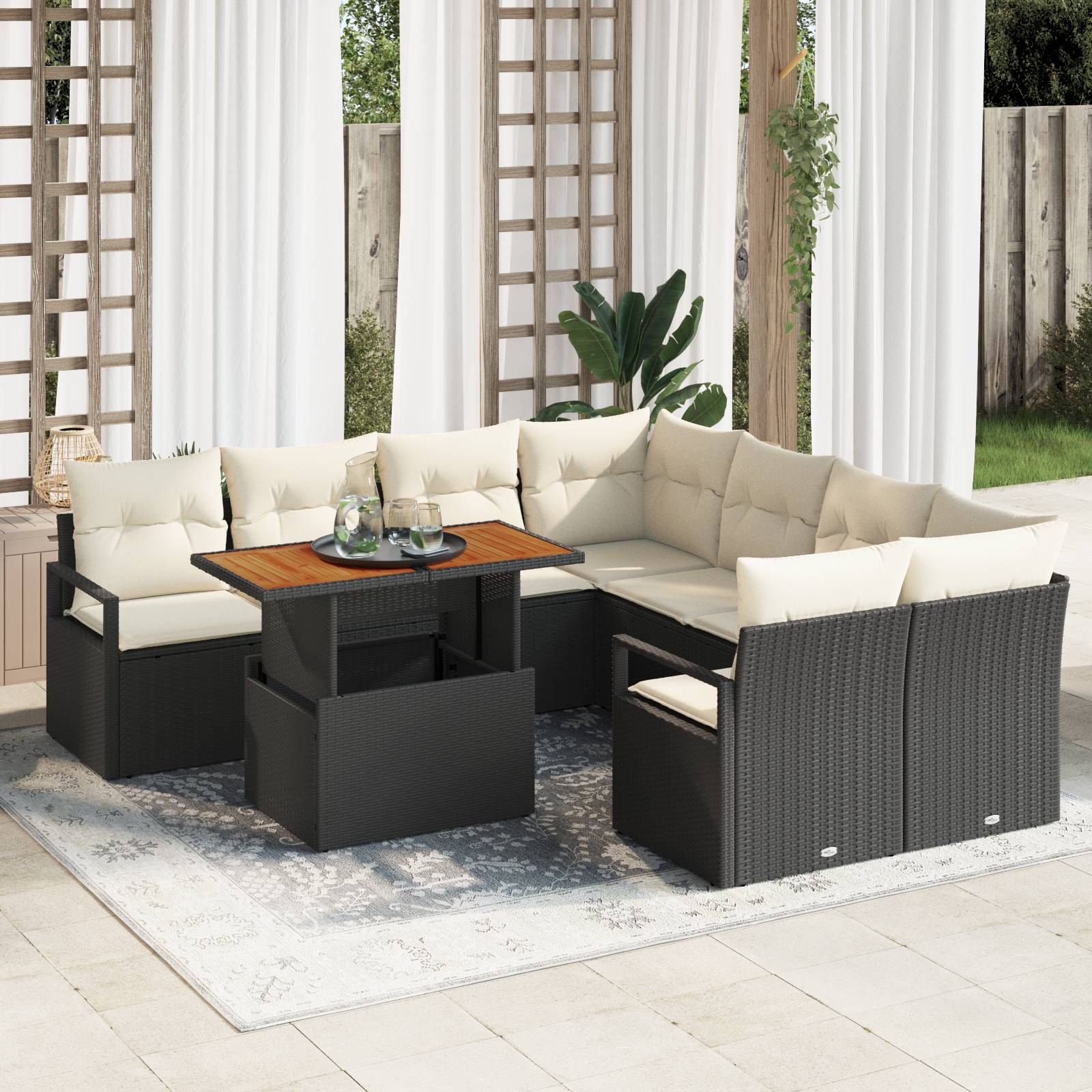 vidaXL 9 teiliges Garten Sofa-Set mit Kissen Schwarz Poly Rattan Akazie