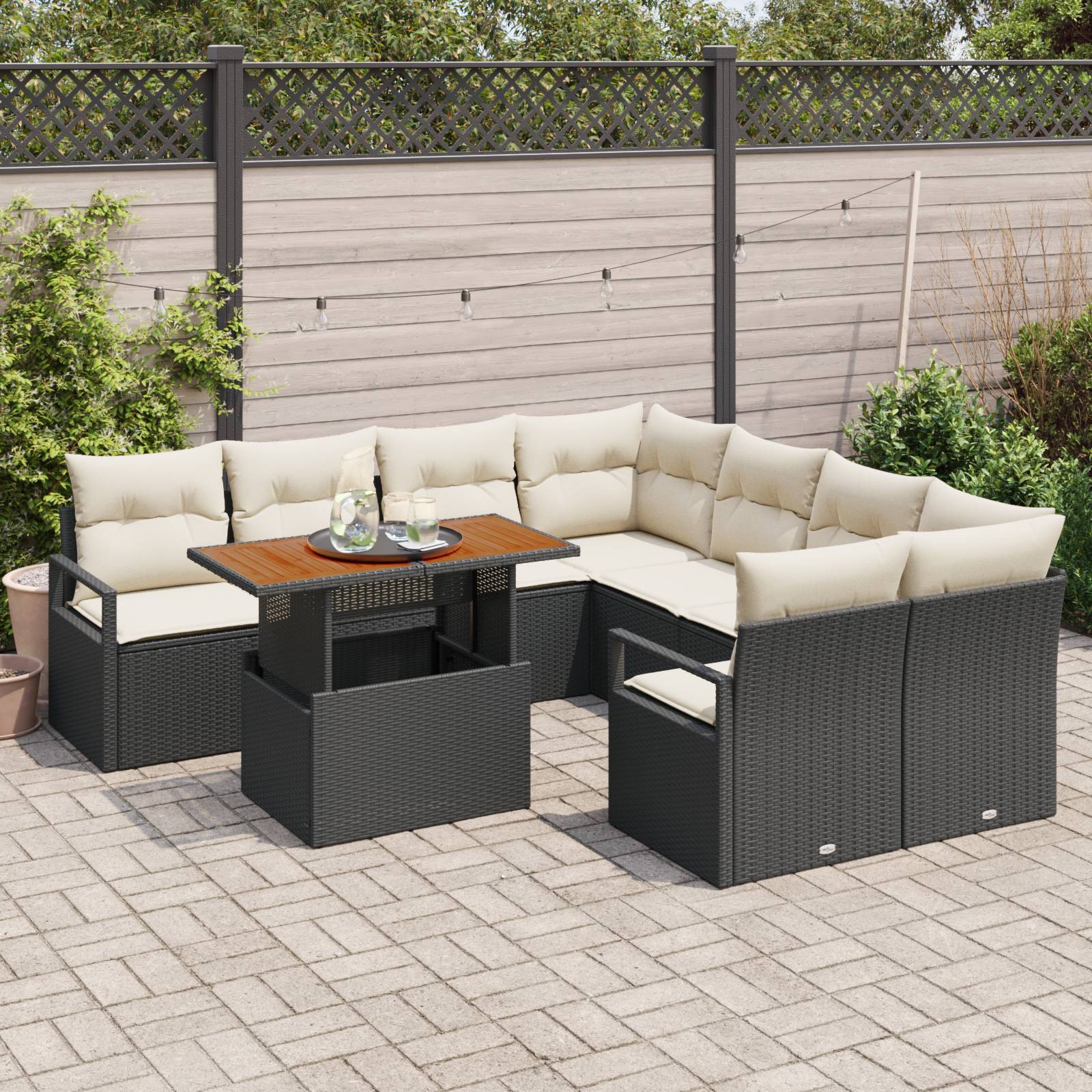 vidaXL 9 teiliges Garten Sofa-Set mit Kissen Schwarz Poly Rattan Akazie