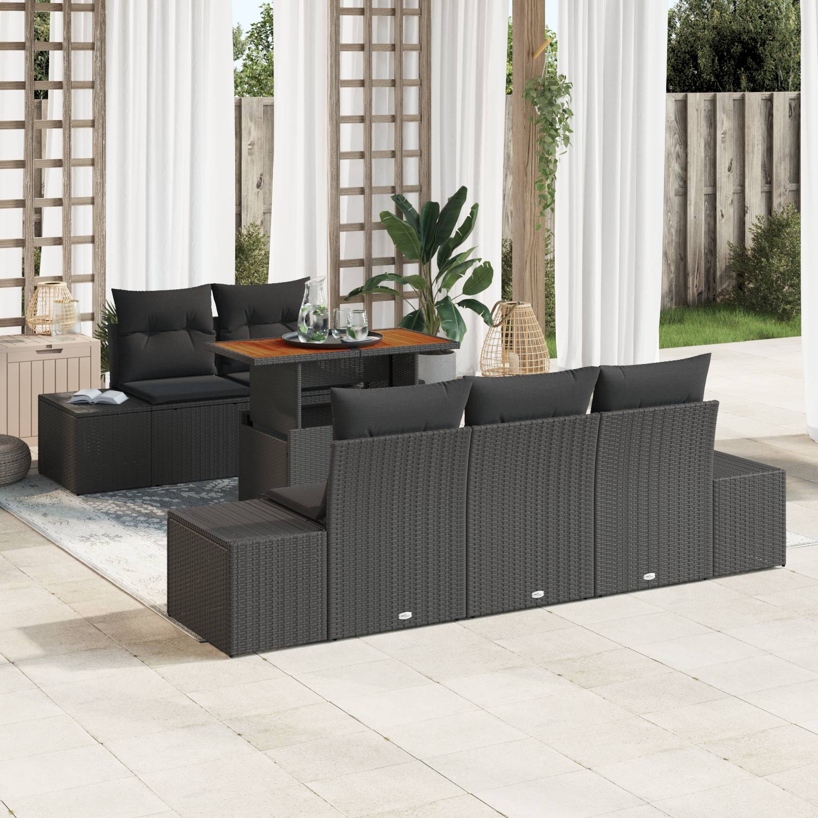 vidaXL 6-tlg. Garten-Essgruppe mit Kissen Schwarz Poly Rattan Akazie
