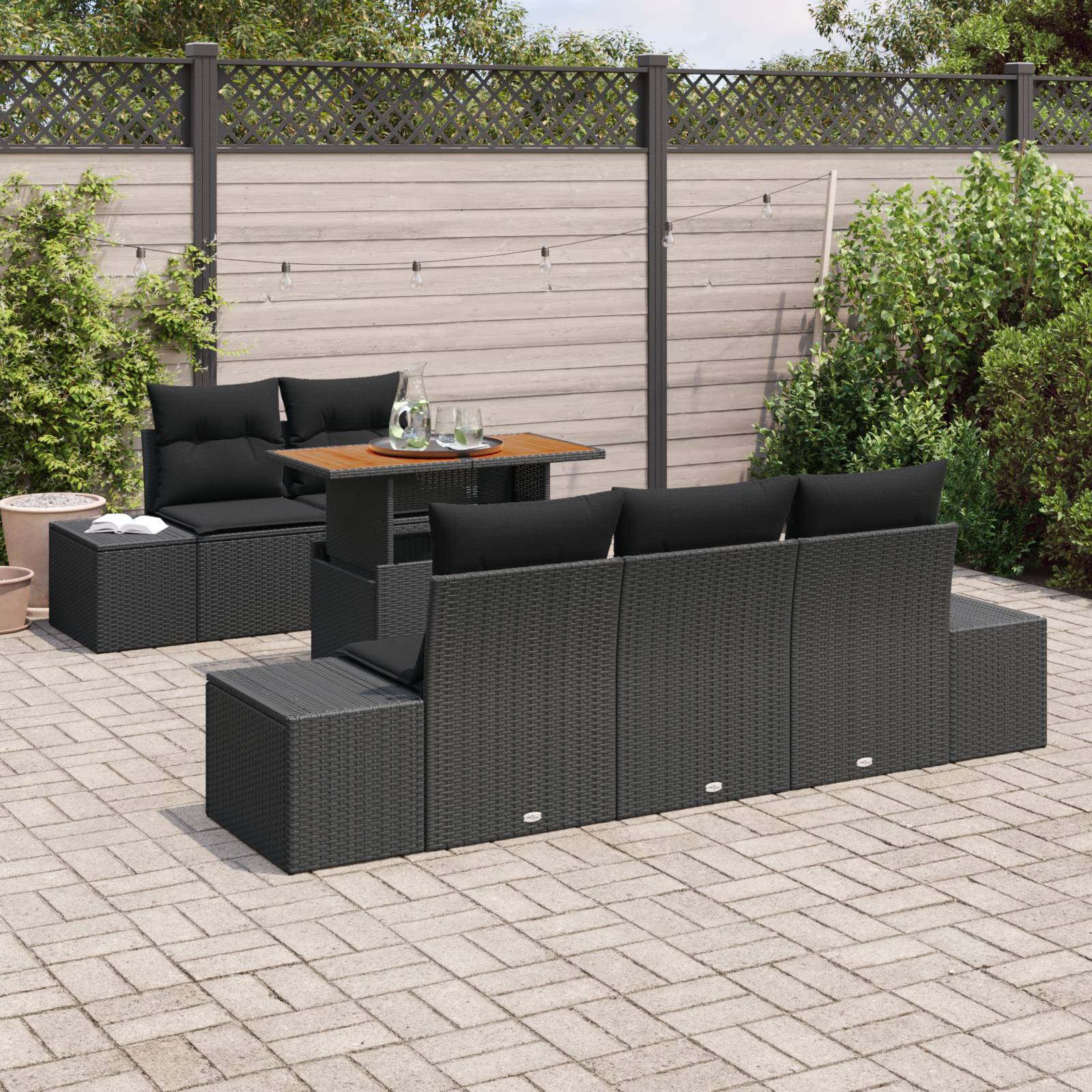 vidaXL 6-tlg. Garten-Essgruppe mit Kissen Schwarz Poly Rattan Akazie