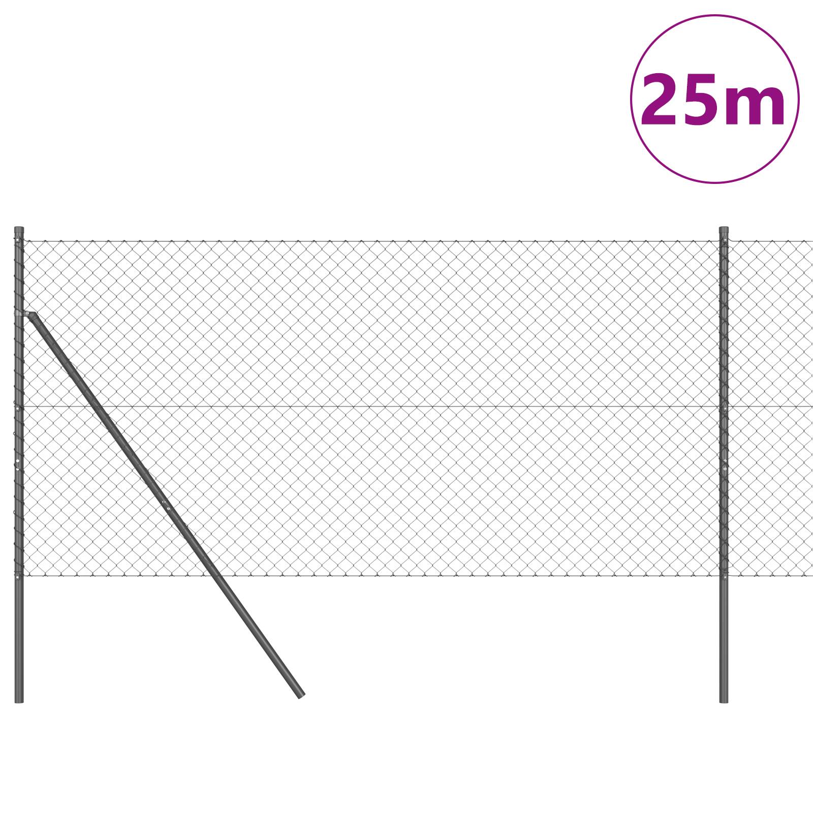 vidaXL Kettenzaun mit 13 Pfosten 1x25 m verzinkter Stahl Grau