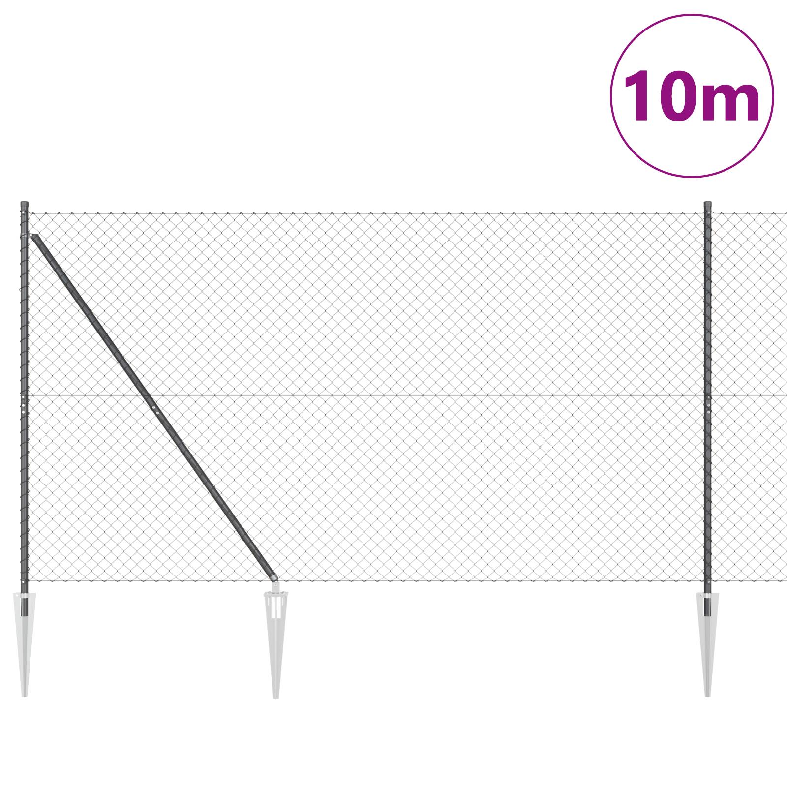 vidaXL Kettengliedzaun mit 7 Spike-Posts 1,6 x 10 m verzinkter Stahl