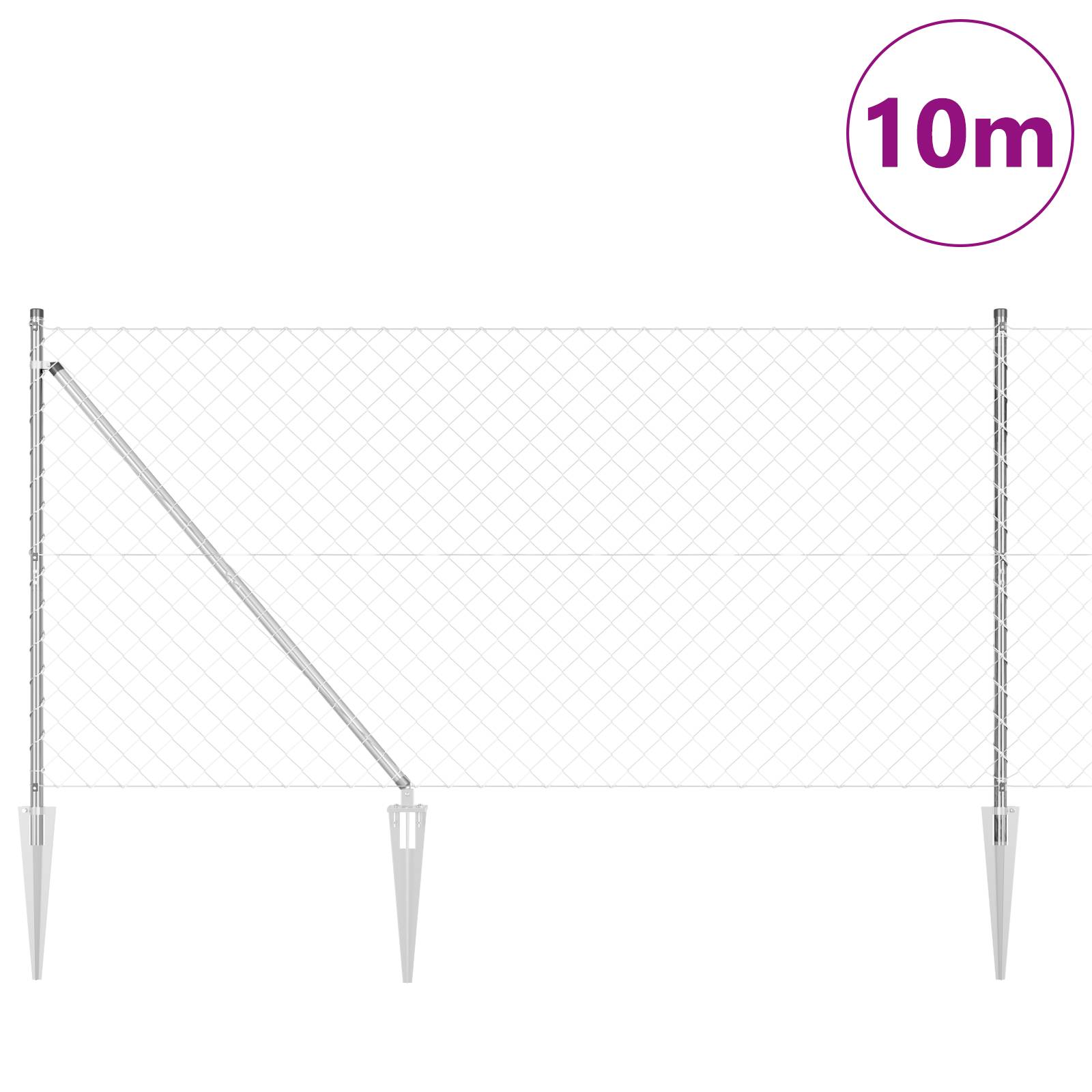 vidaXL Kettengliedzaun mit 7 Pfosten mit Spitze 1,2x10 m Galvanisierter Stahl