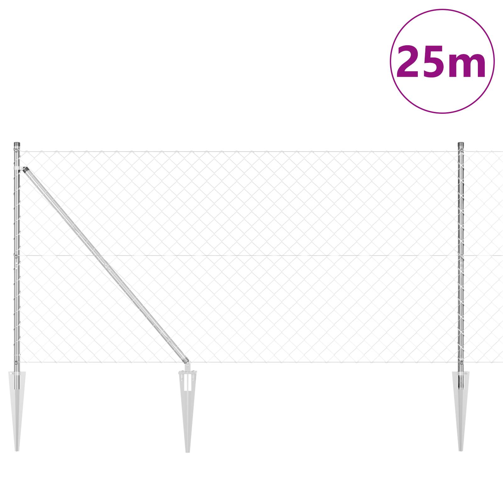 vidaXL Kettengitterzaun mit 13 Erdspießen 1,2 x 25 m aus verzinktem Stahl