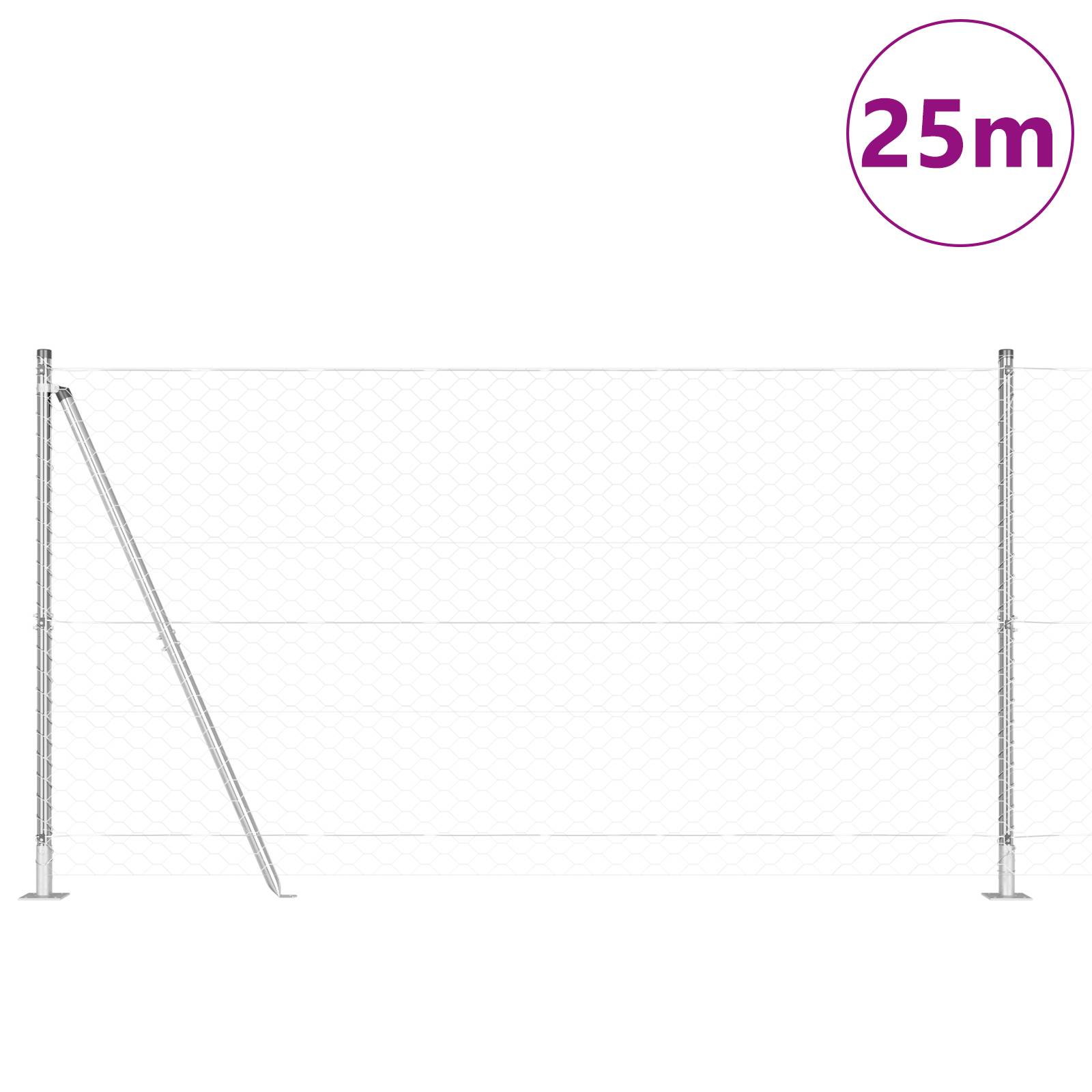 vidaXL Hexagonal Drahtzaun mit 7 Flanschen 1,2 x 25 m Stahl Silber