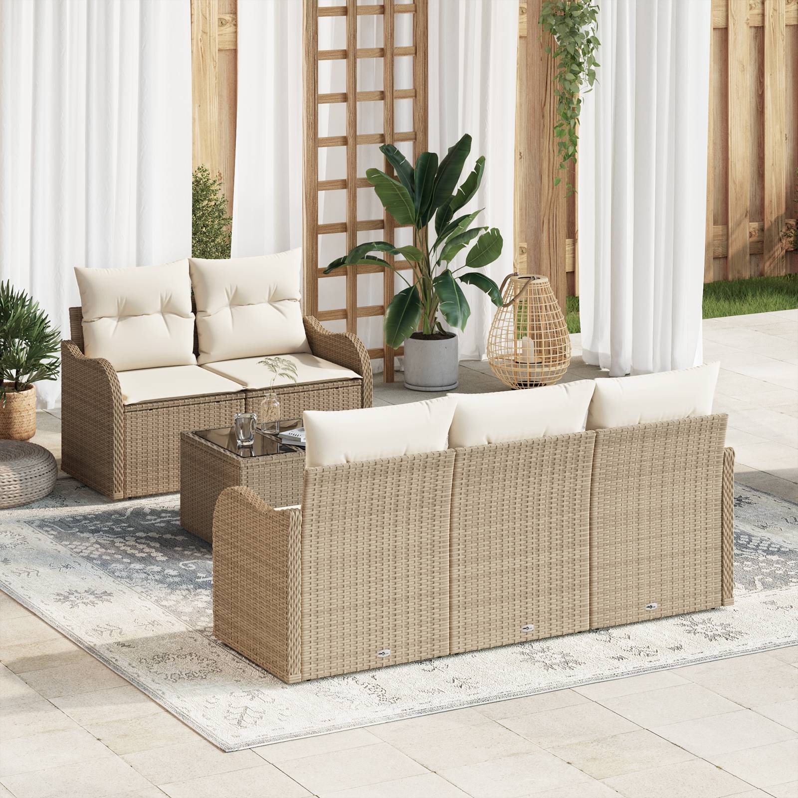 vidaXL 6-teiliges Garten Sofa Set mit Kissen Beige Poly Rattan