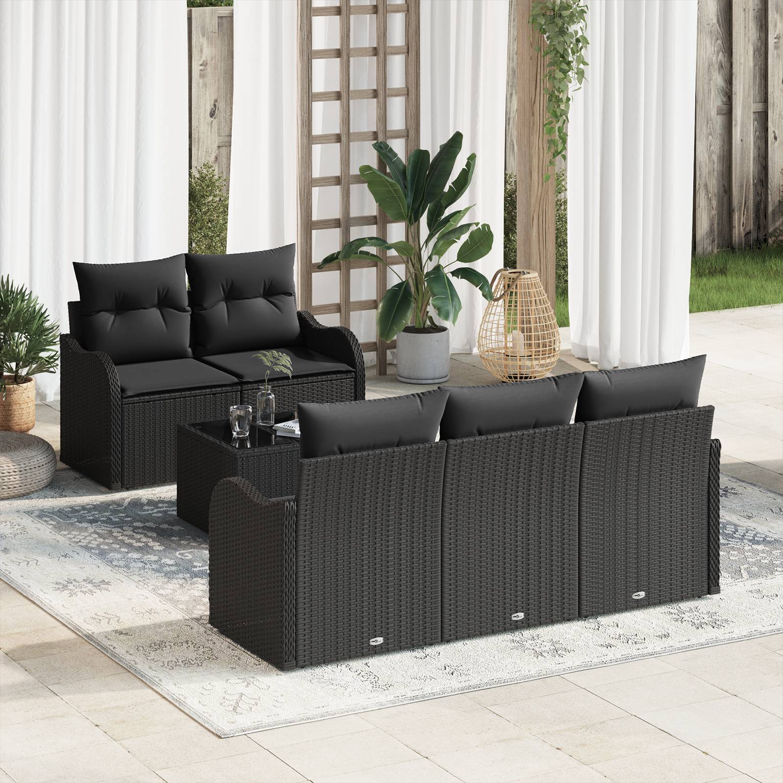 vidaXL 6-teiliges Garten-Sofa-Set mit Kissen Schwarz Poly Rattan
