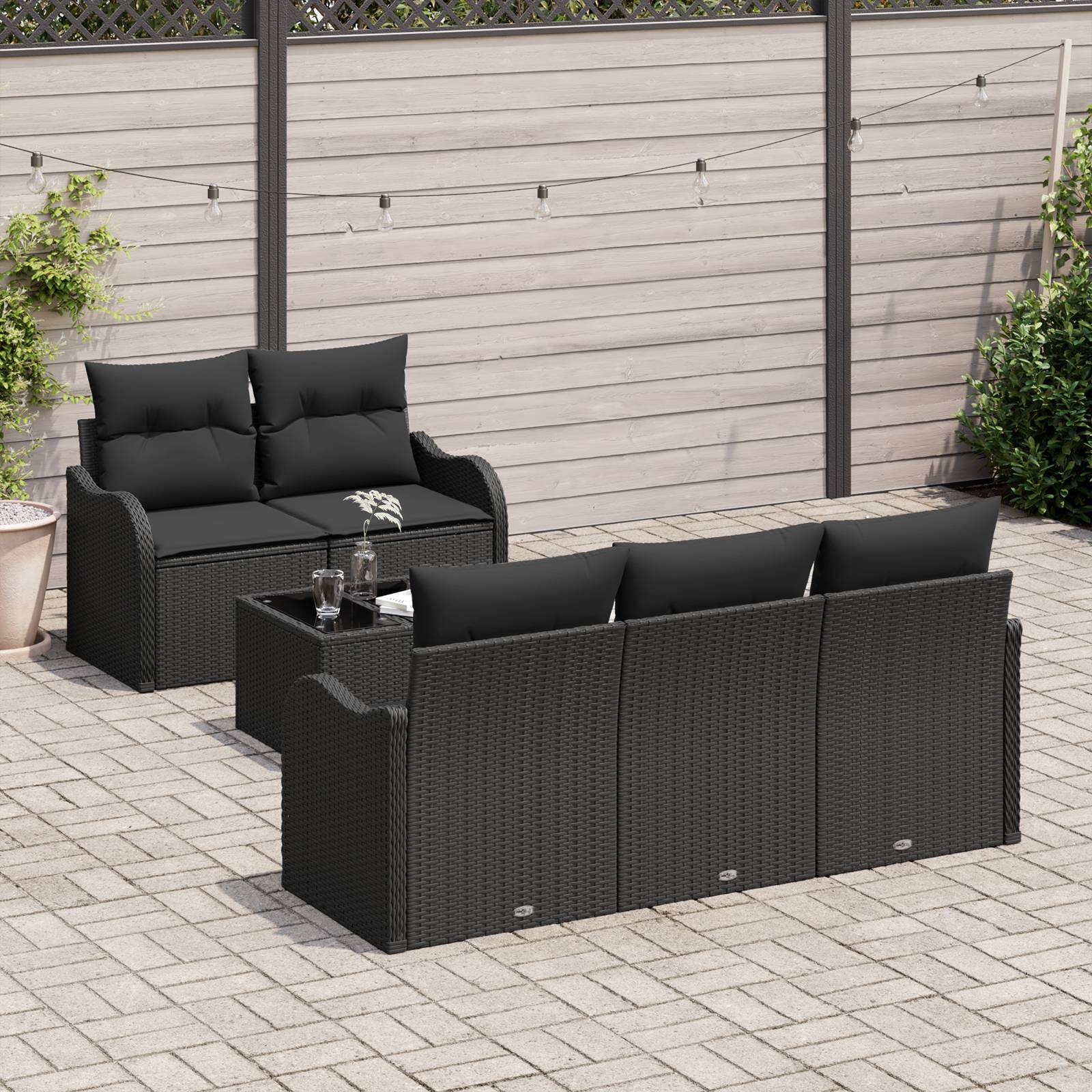 vidaXL 6-teiliges Garten-Sofa-Set mit Kissen Schwarz Poly Rattan