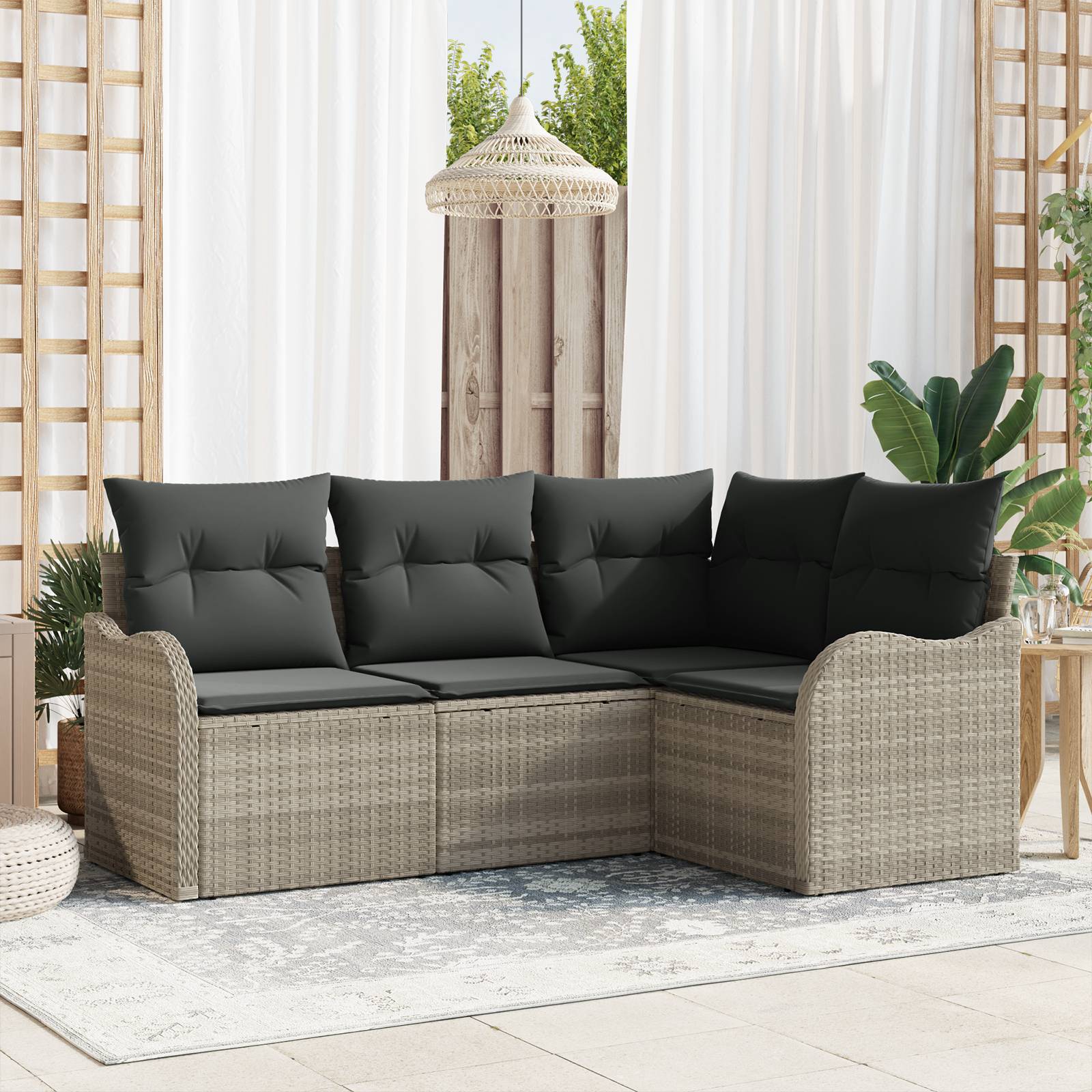 vidaXL 4-tlg. Garten-Sofagarnitur mit Kissen Hellgrau Poly Rattan