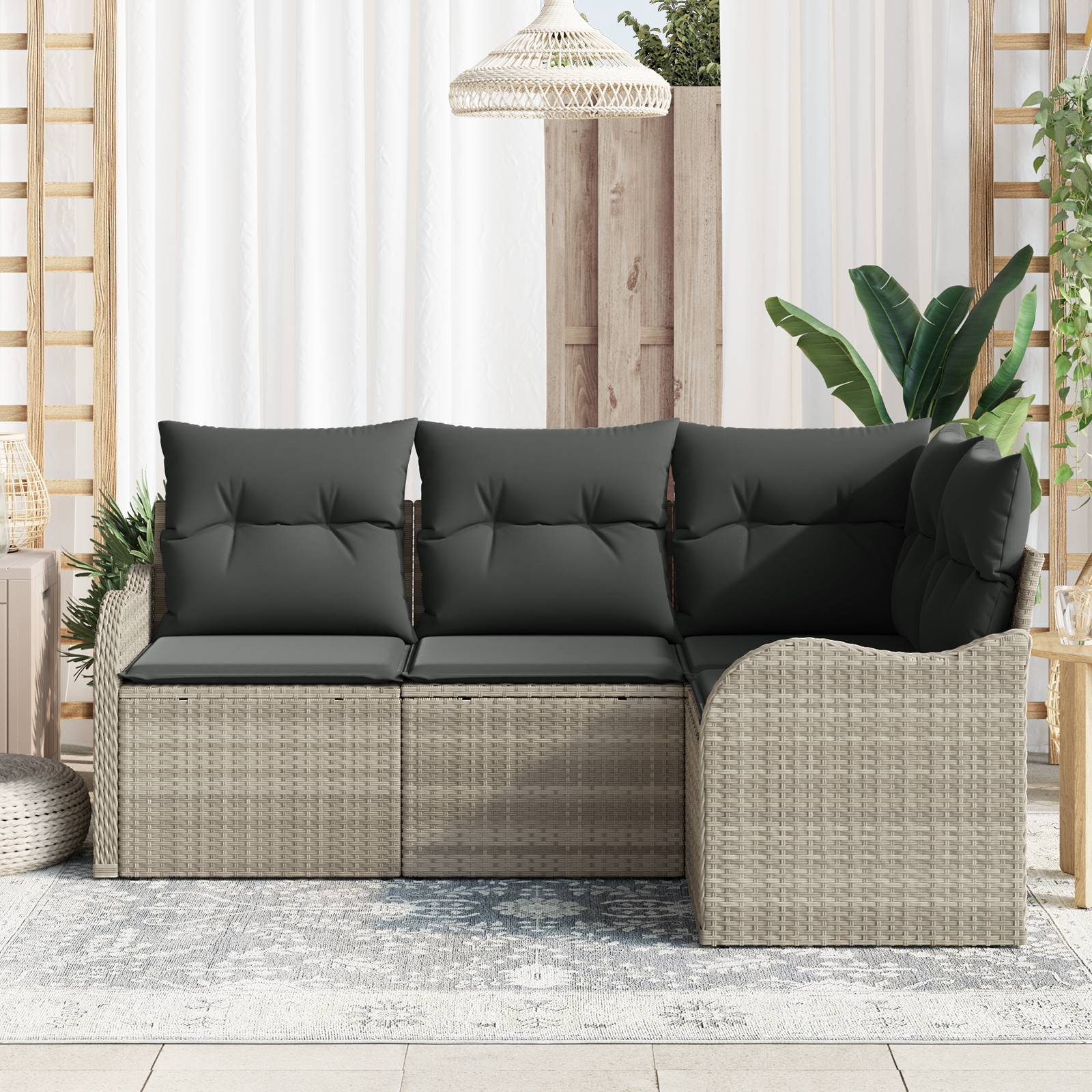 vidaXL 4-tlg. Garten-Sofagarnitur mit Kissen Hellgrau Poly Rattan