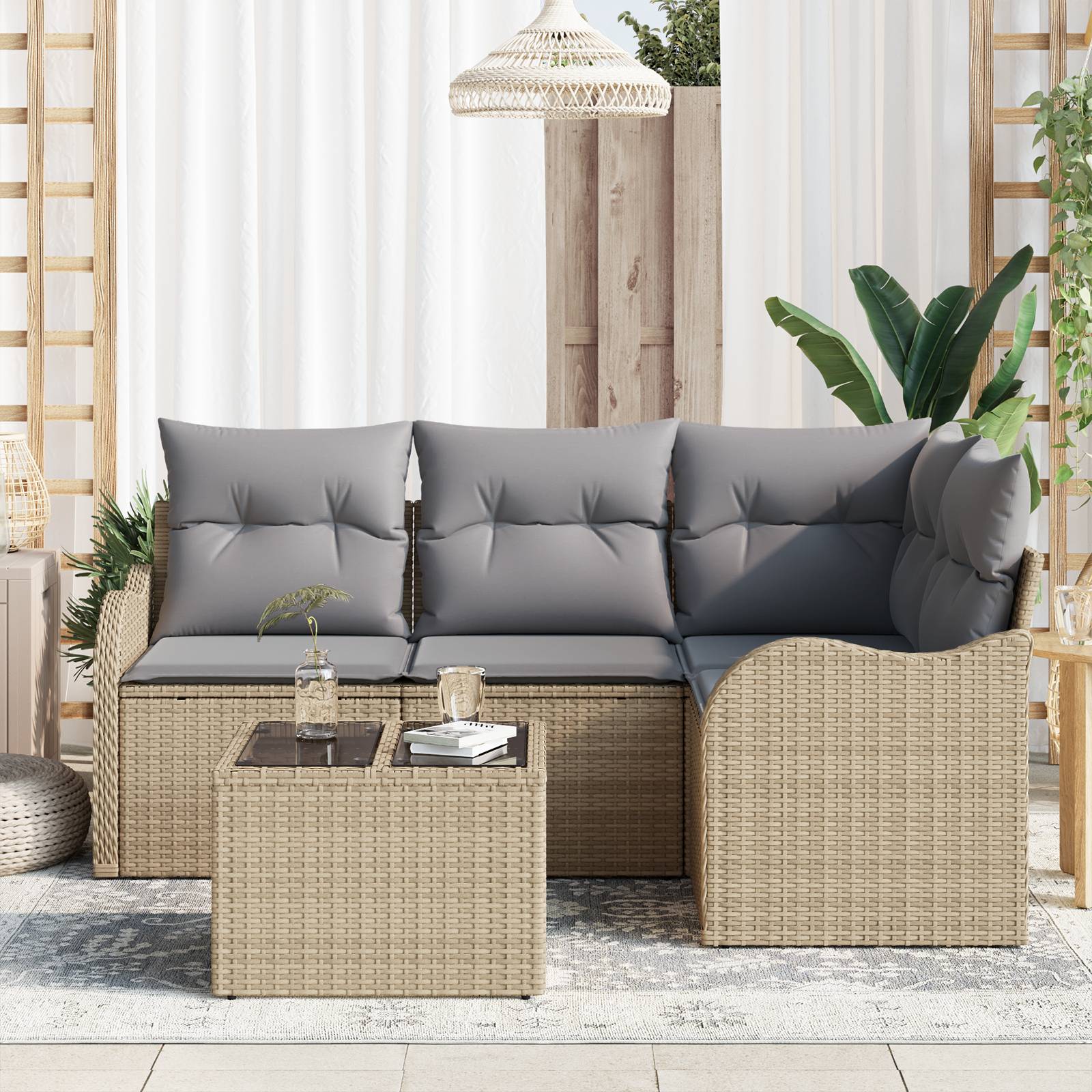 vidaXL 5-tlg. Garten-Sofagarnitur mit Kissen Schwarz Poly Rattan