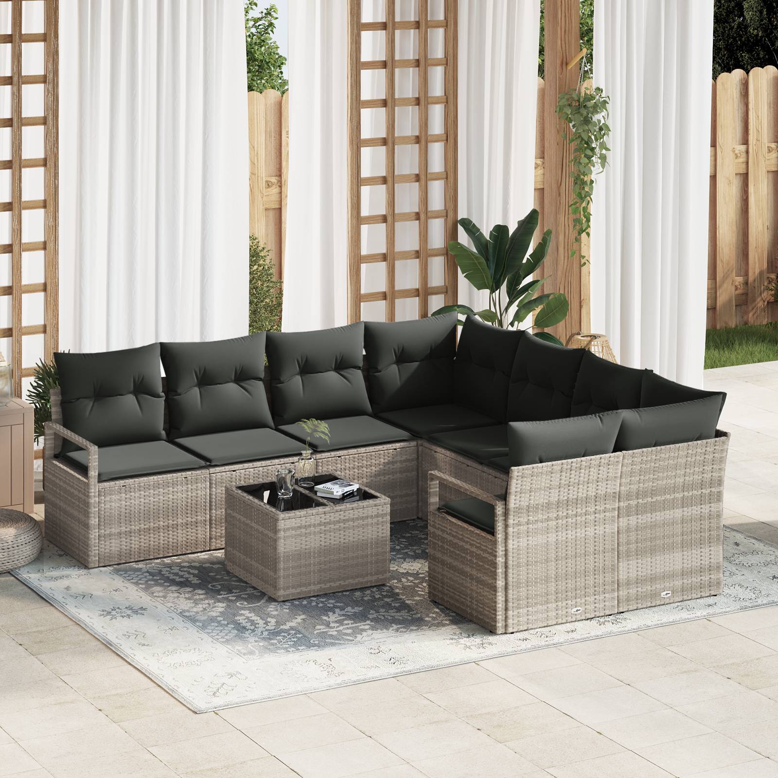 vidaXL 9-teiliges Garten-Sofa-Set mit Kissen Hellgrau Poly Rattan