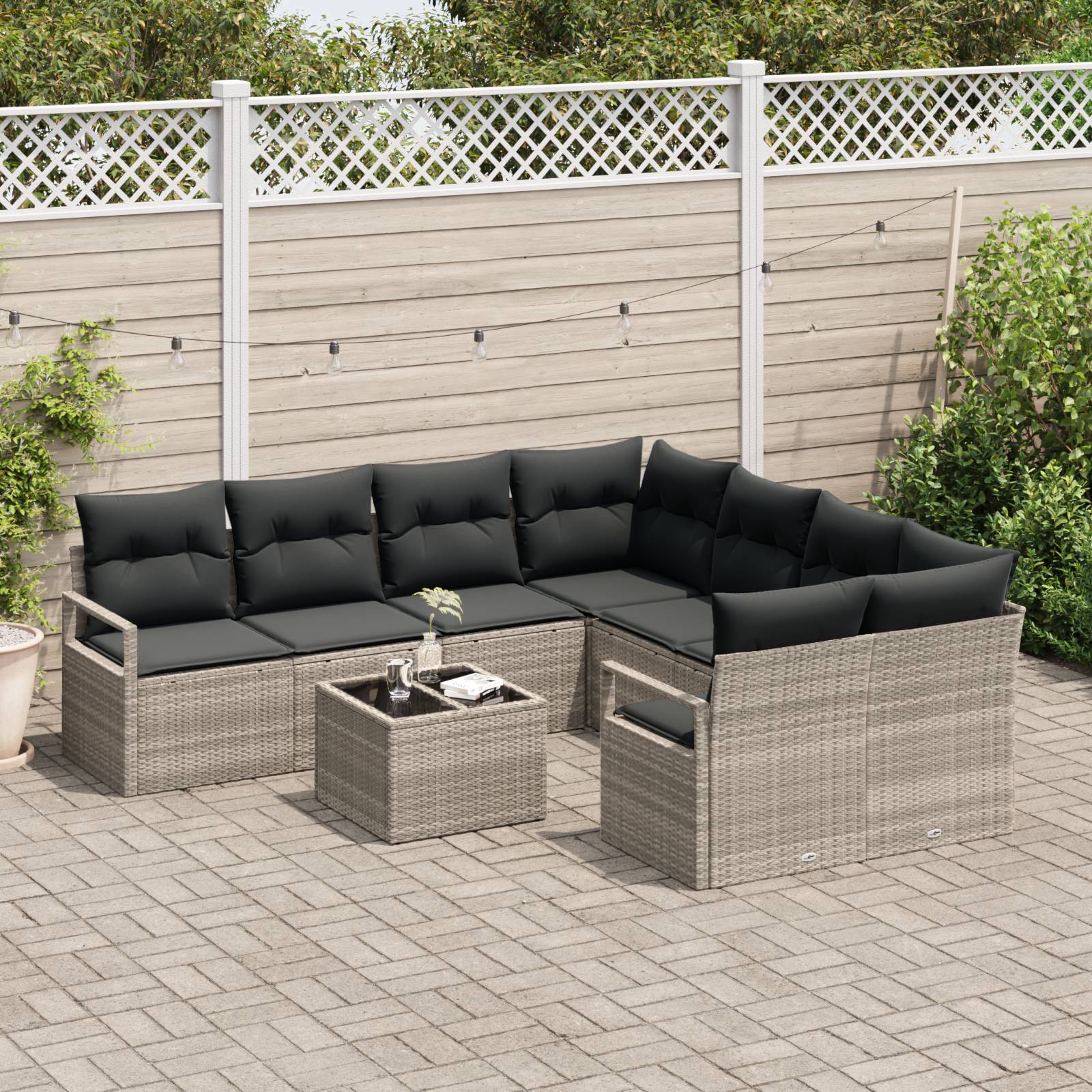 vidaXL 9-teiliges Garten-Sofa-Set mit Kissen Hellgrau Poly Rattan