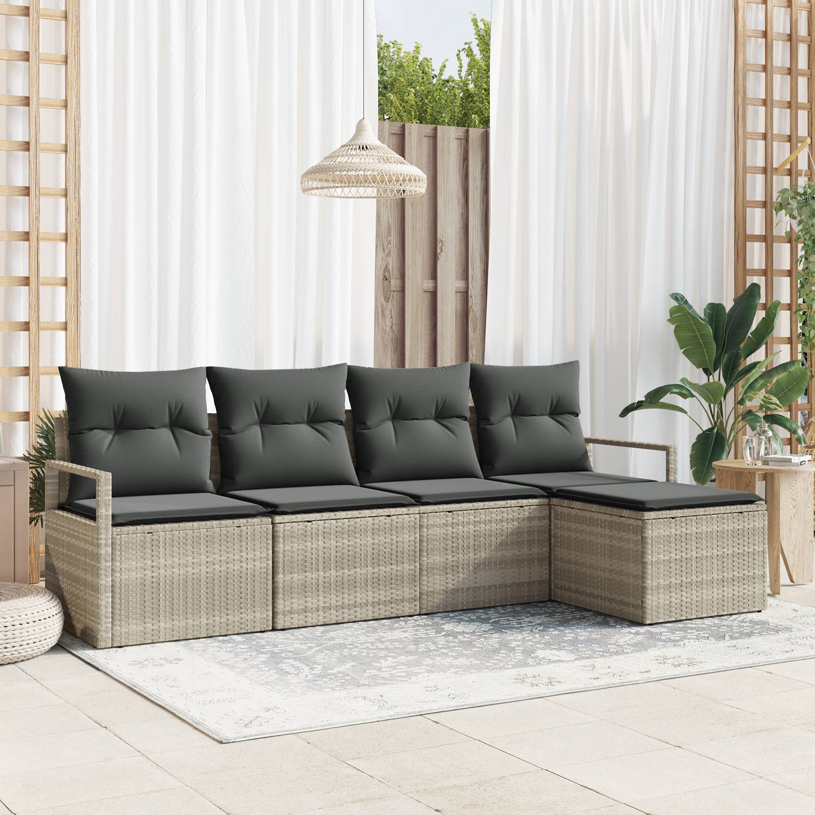 vidaXL 5-tlg. Garten-Sofagarnitur mit Kissen Hellgrau Poly Rattan