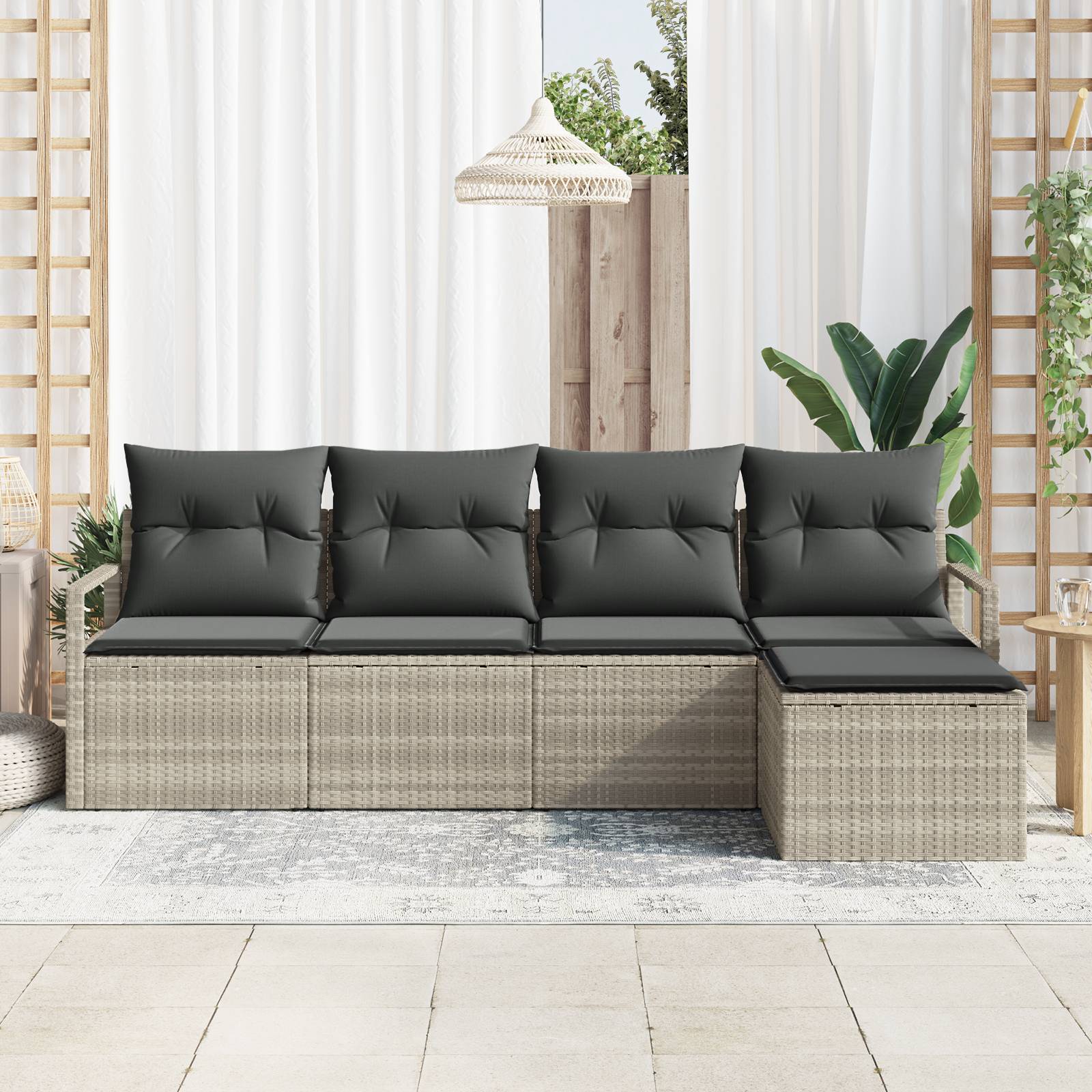 vidaXL 5-tlg. Garten-Sofagarnitur mit Kissen Hellgrau Poly Rattan