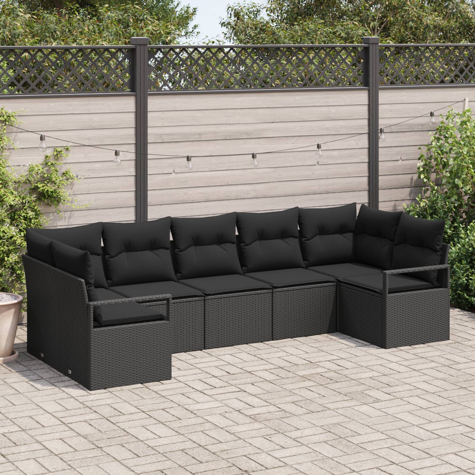 vidaXL 7-tlg. Garten-Sofagarnitur mit Kissen Schwarz Poly Rattan