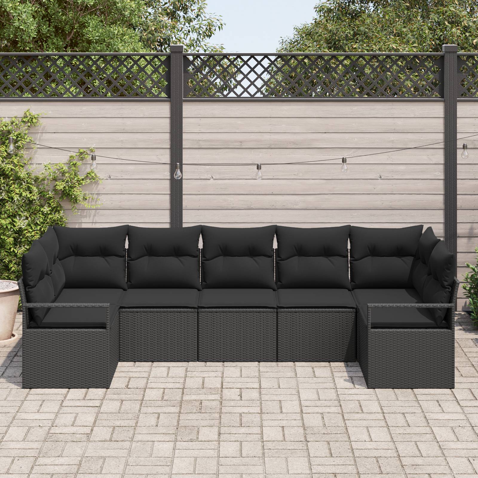 vidaXL 7-tlg. Garten-Sofagarnitur mit Kissen Schwarz Poly Rattan