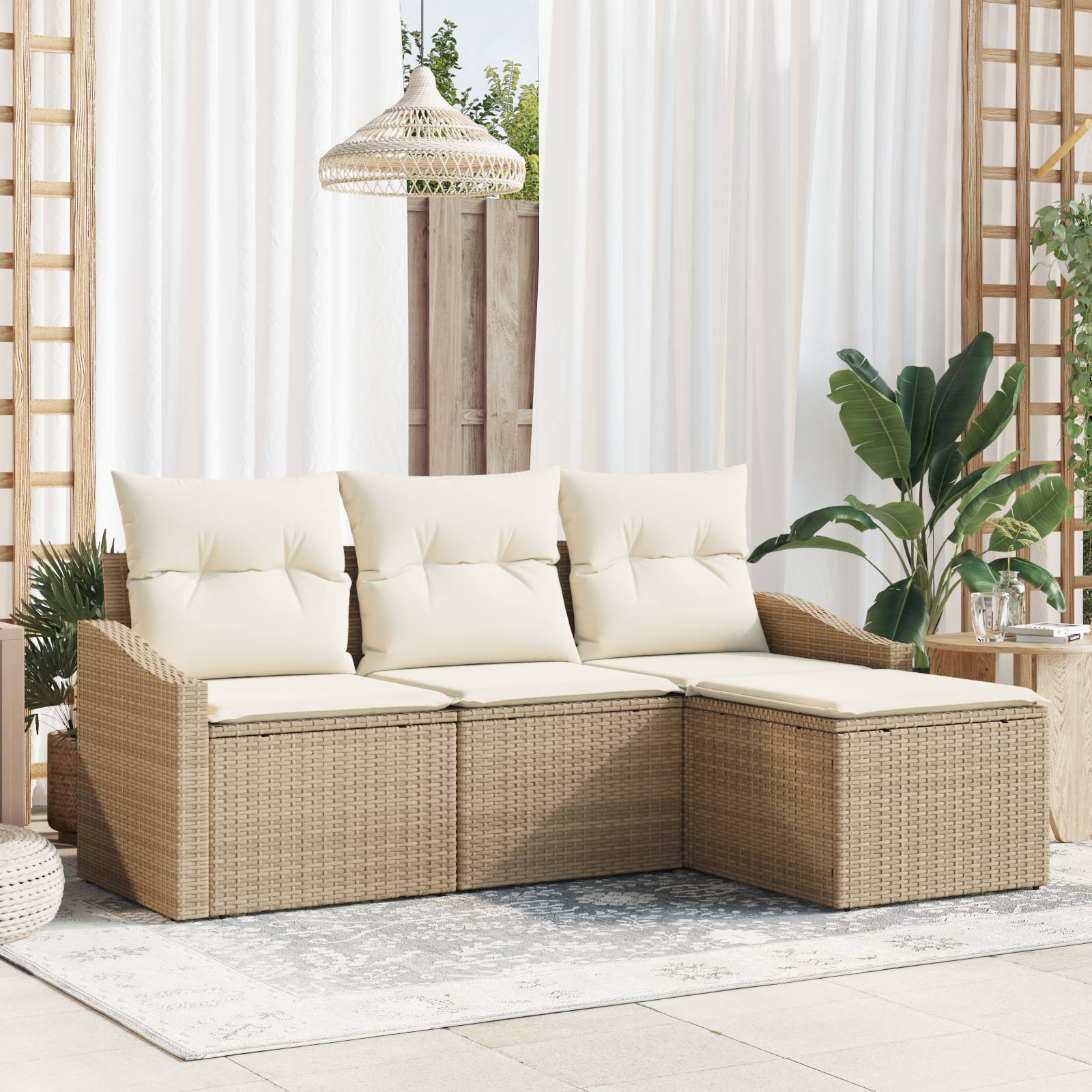 vidaXL 4-teiliges Gartensofaset mit Kissen - Beiger Poly-Rattan