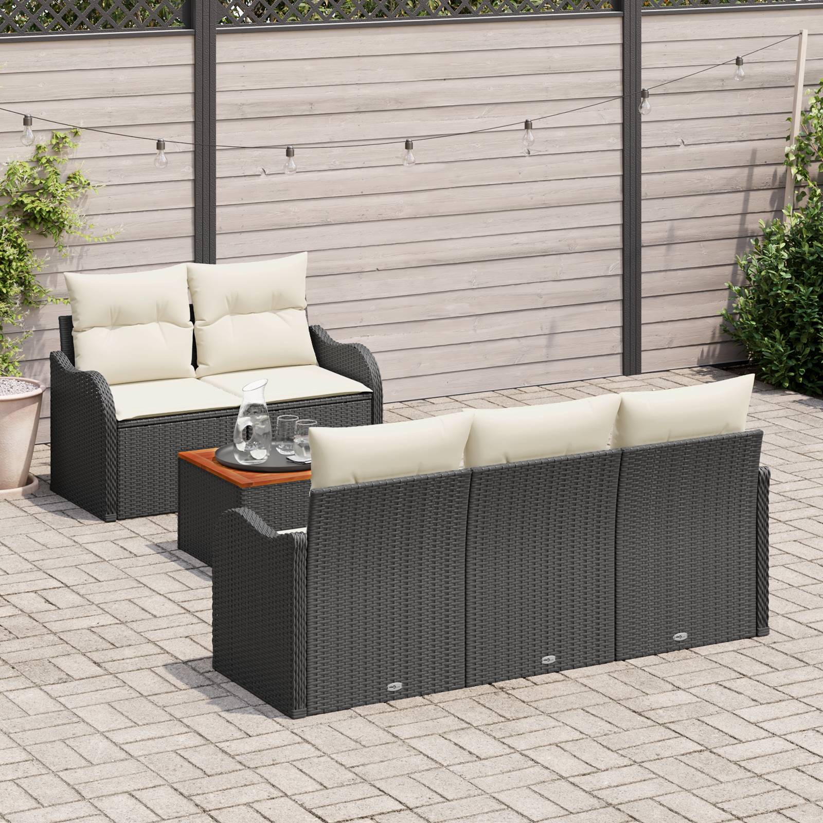 vidaXL 6-teilige Garten-Sofa-Set mit Kissen Schwarz Poly Rattan Akazie