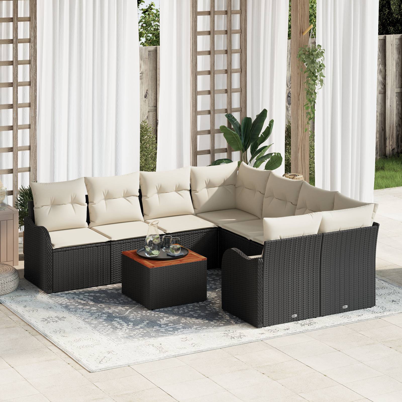 vidaXL 9-teiliges Gartensofa-Set mit Kissen Schwarz Poly-Rattan Akazie