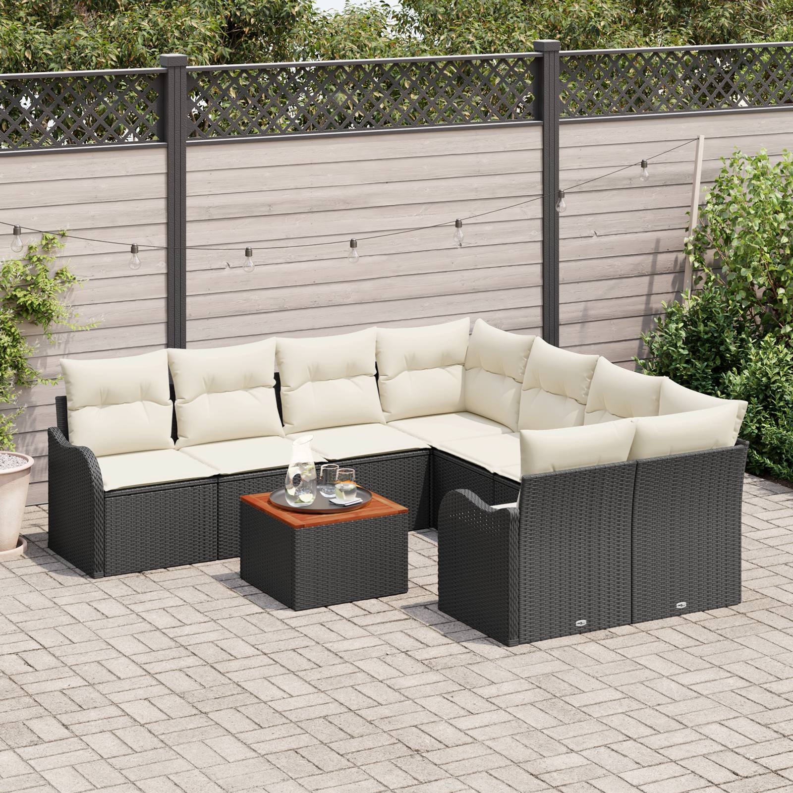 vidaXL 9-teiliges Gartensofa-Set mit Kissen Schwarz Poly-Rattan Akazie