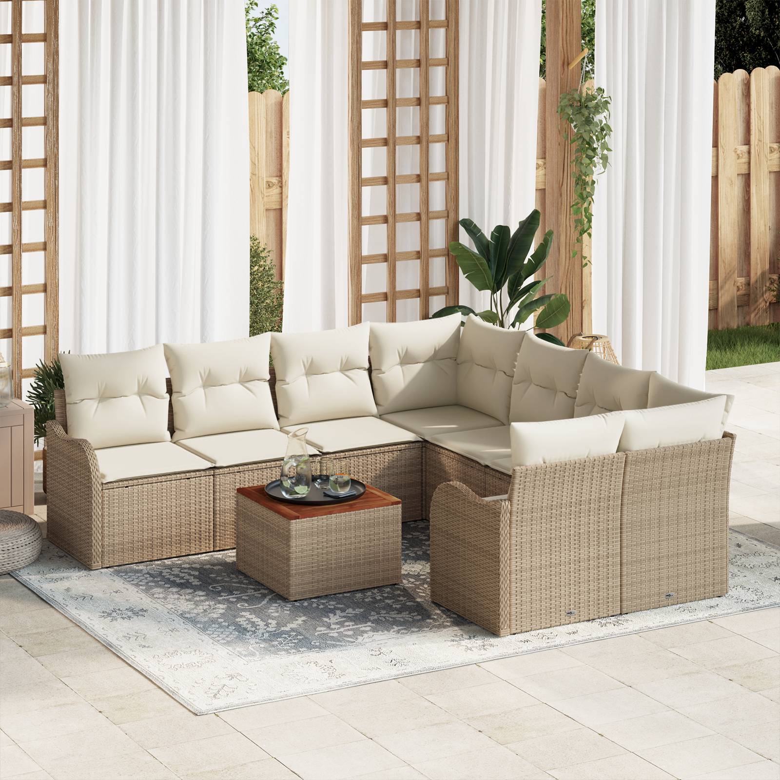 vidaXL 9-teiliges Garten Sofa Set mit Kissen Beige Poly Rattan Akazie