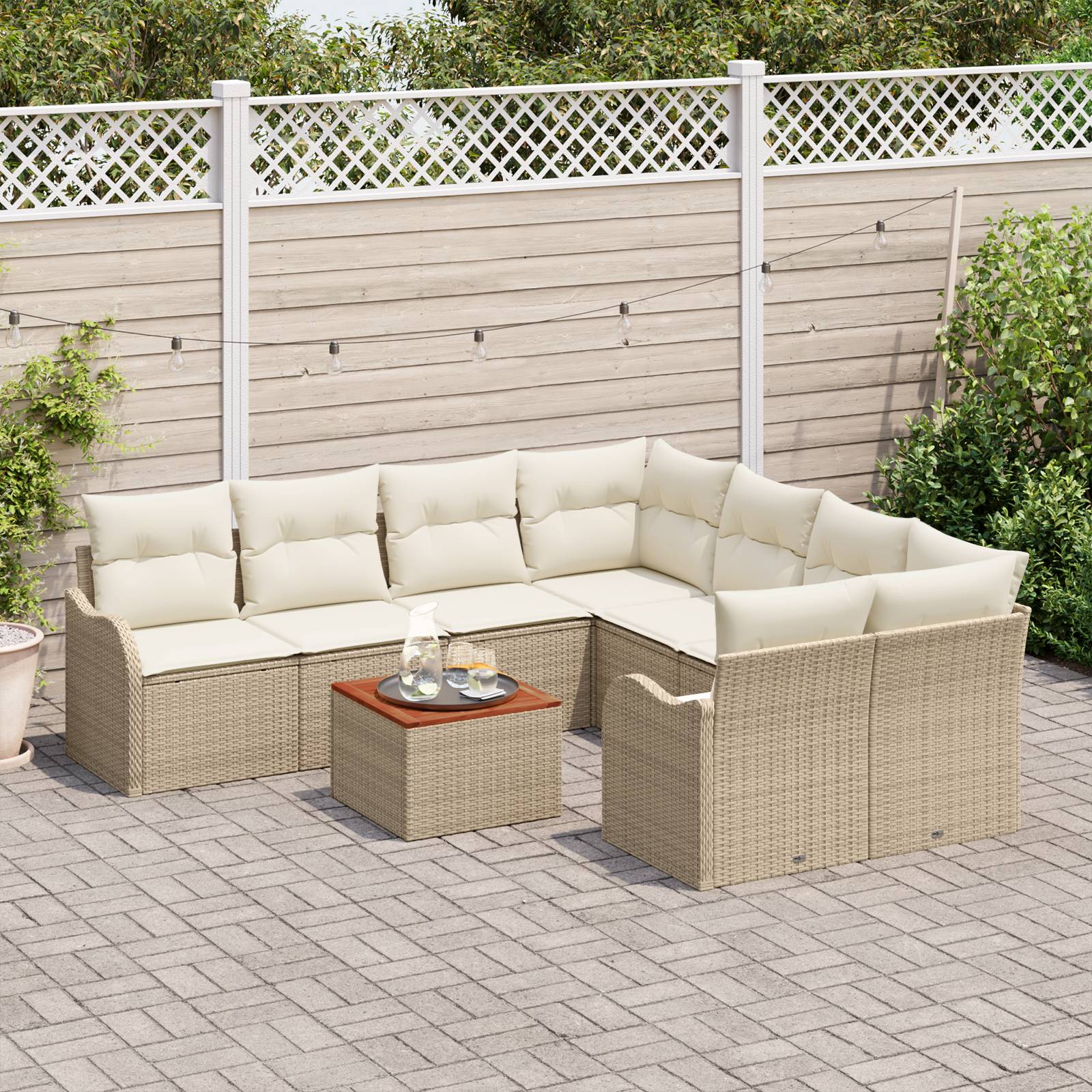 vidaXL 9-teiliges Garten Sofa Set mit Kissen Beige Poly Rattan Akazie