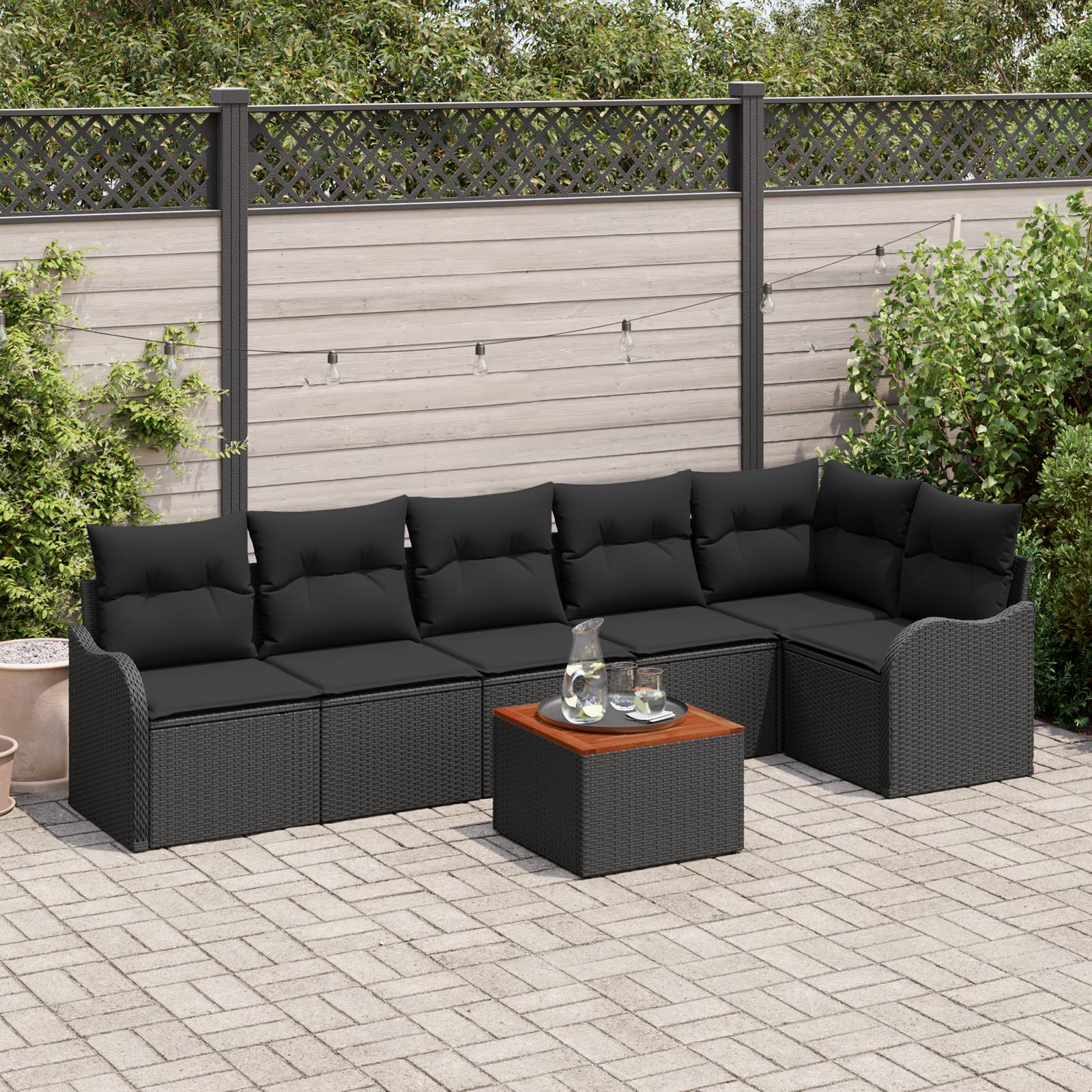 vidaXL 7-teiliges Garten Sofa Set mit Kissen Schwarz Poly Rattan Akazie