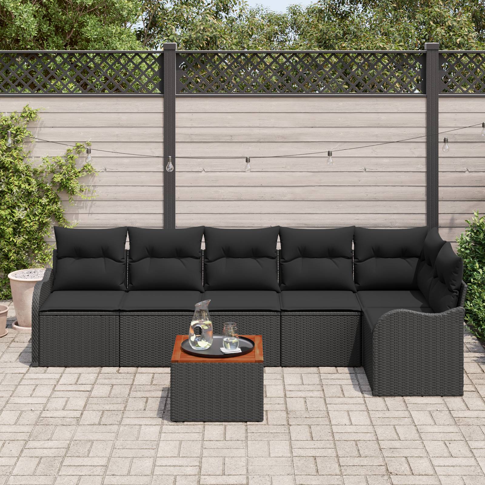 vidaXL 7-teiliges Garten Sofa Set mit Kissen Schwarz Poly Rattan Akazie