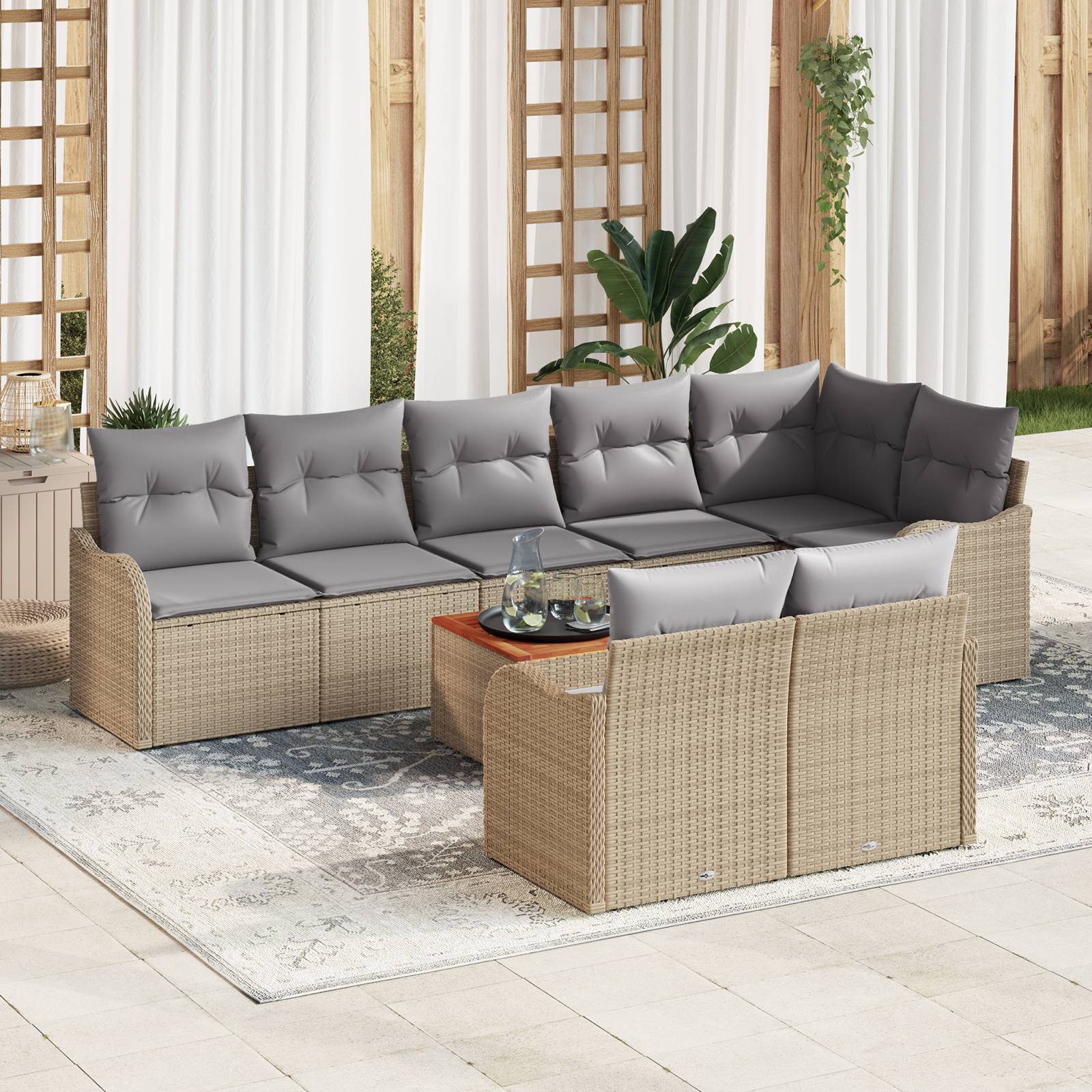 vidaXL 9-teiliges Garten-Sofa-Set mit Kissen Beige Poly Rattan Akazie