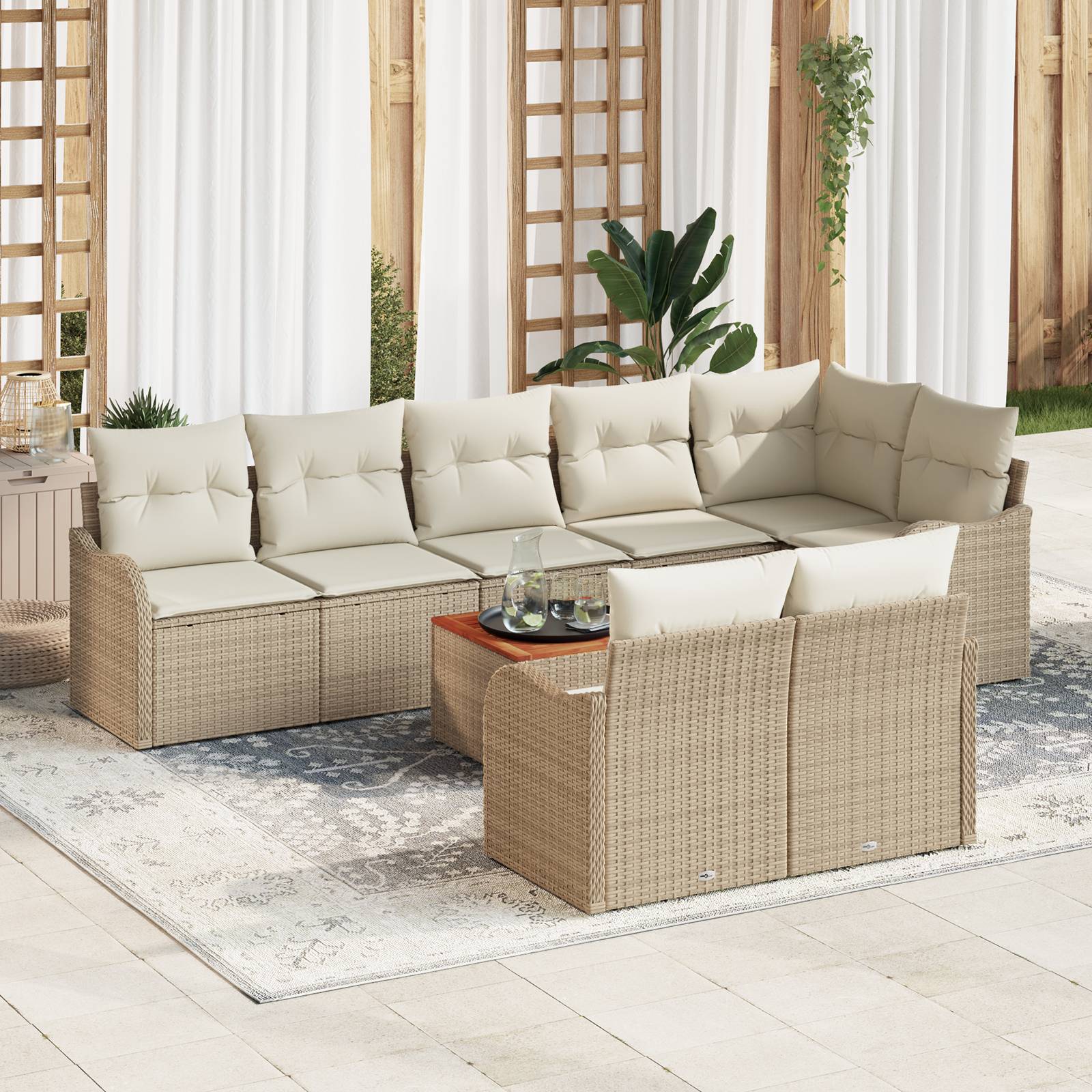 vidaXL 9-teiliges Garten Sofa Set mit Kissen Beige Poly Rattan Akazie