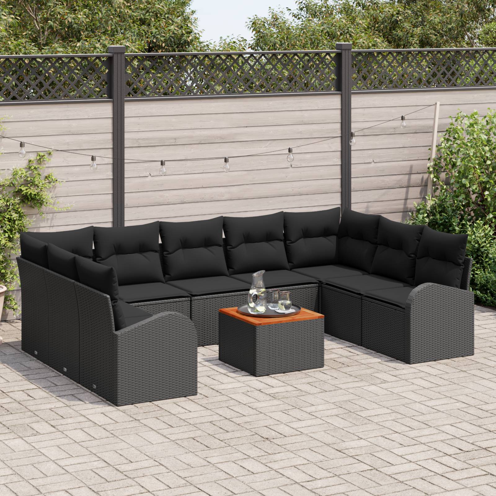 vidaXL 10-teiliges Garten-Sofa-Set mit Kissen aus schwarzem Poly-Rattan