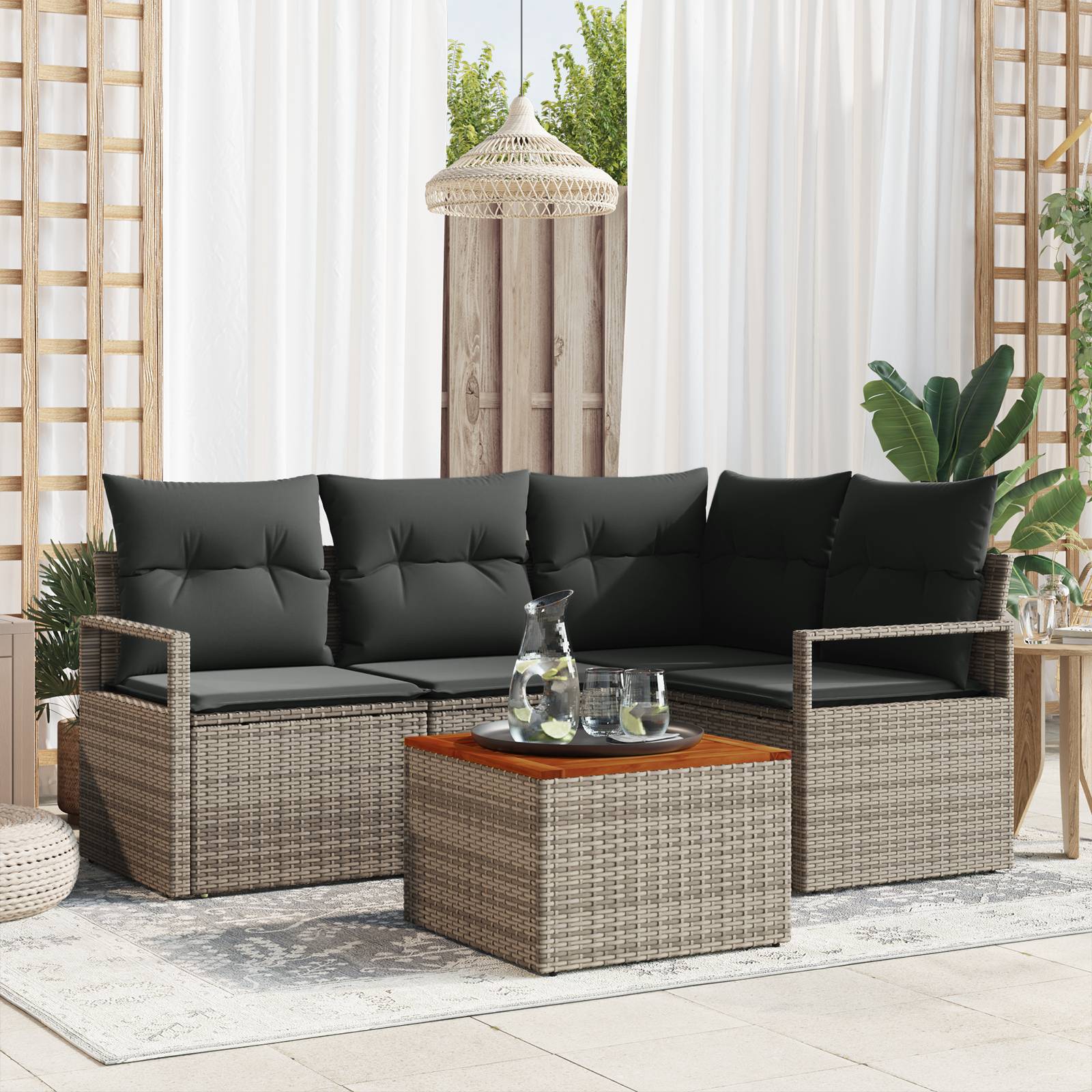 vidaXL 5-tlg. Garten-Sofagarnitur mit Kissen Grau Poly Rattan Akazie