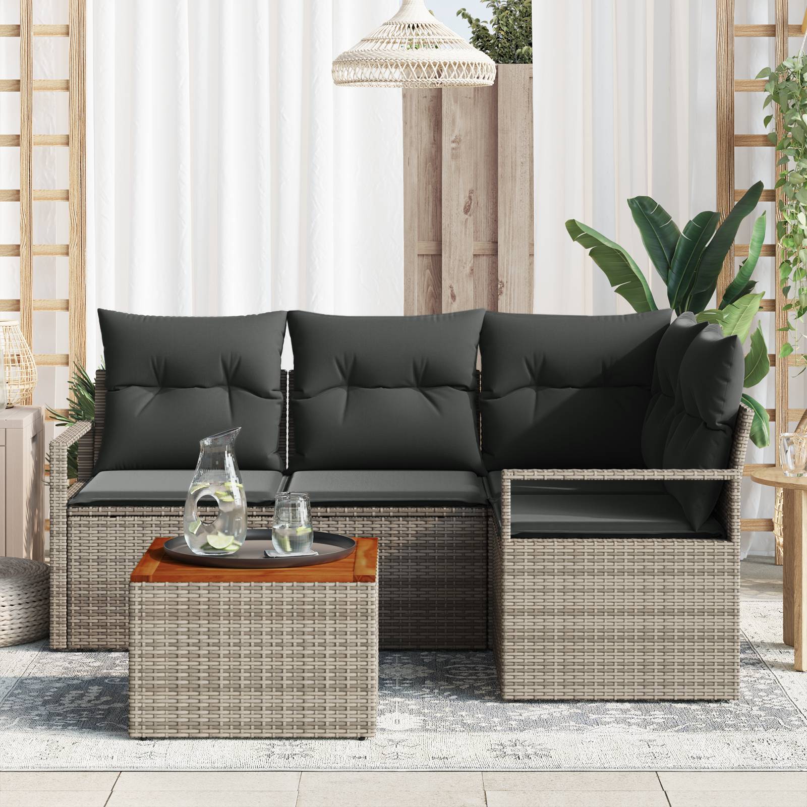 vidaXL 5-tlg. Garten-Sofagarnitur mit Kissen Grau Poly Rattan Akazie