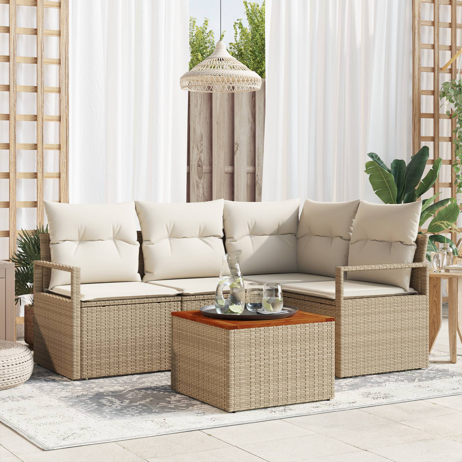 vidaXL 5-tlg. Garten-Sofagarnitur mit Kissen Beige Poly Rattan Akazie
