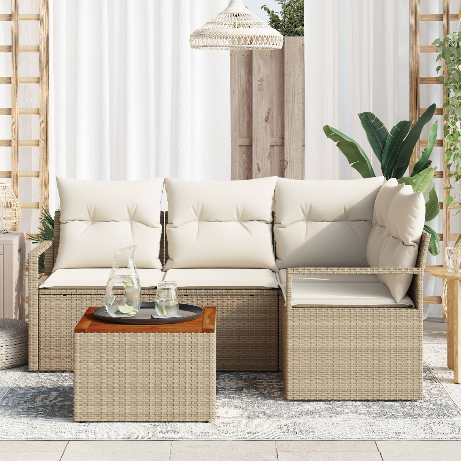 vidaXL 5-tlg. Garten-Sofagarnitur mit Kissen Beige Poly Rattan Akazie