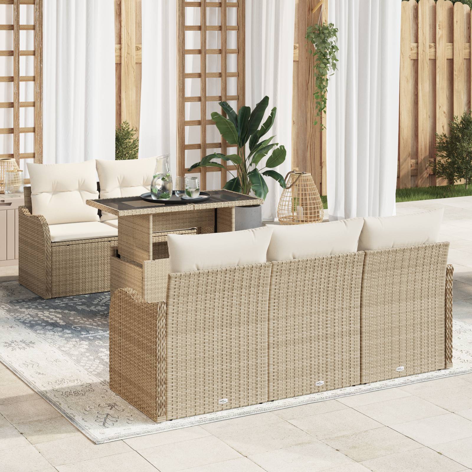 vidaXL 6-tlg. Garten-Sofagarnitur mit Kissen Beige Poly Rattan