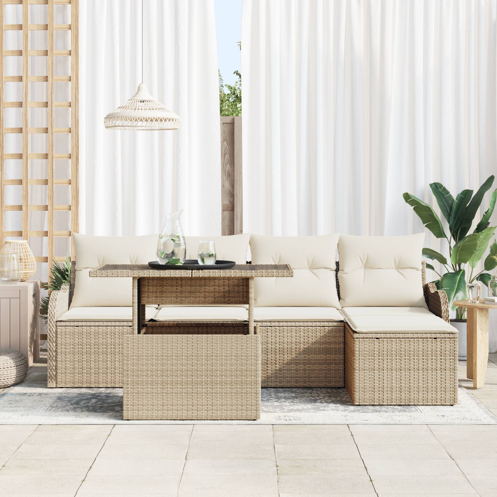 vidaXL 6-tlg. Garten-Sofagarnitur mit Kissen Beige Poly Rattan