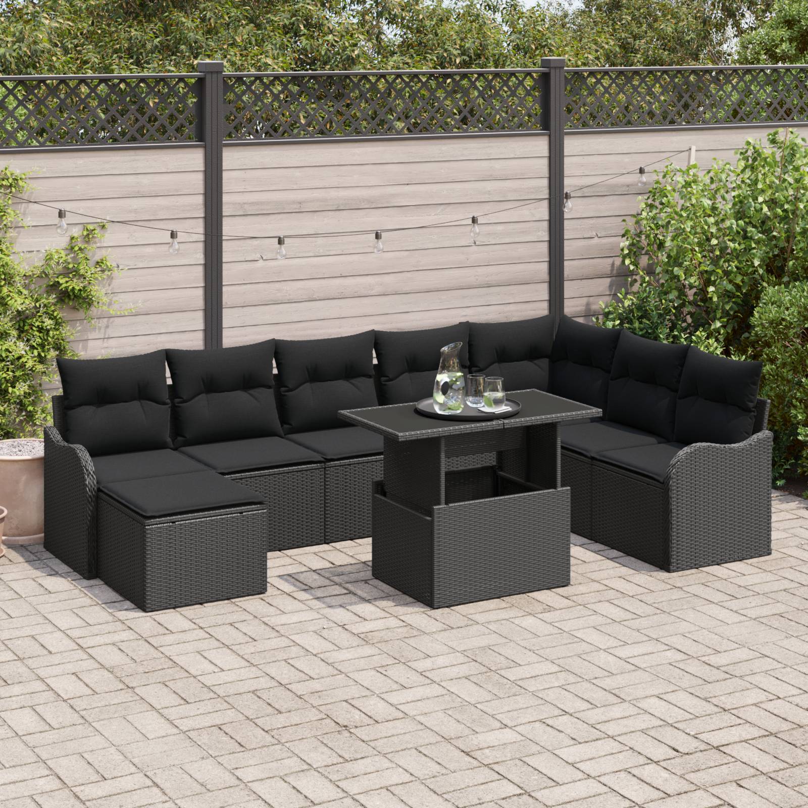 vidaXL 9-teiliges Garten-Sofa-Set mit Kissen Schwarz Poly-Rattan