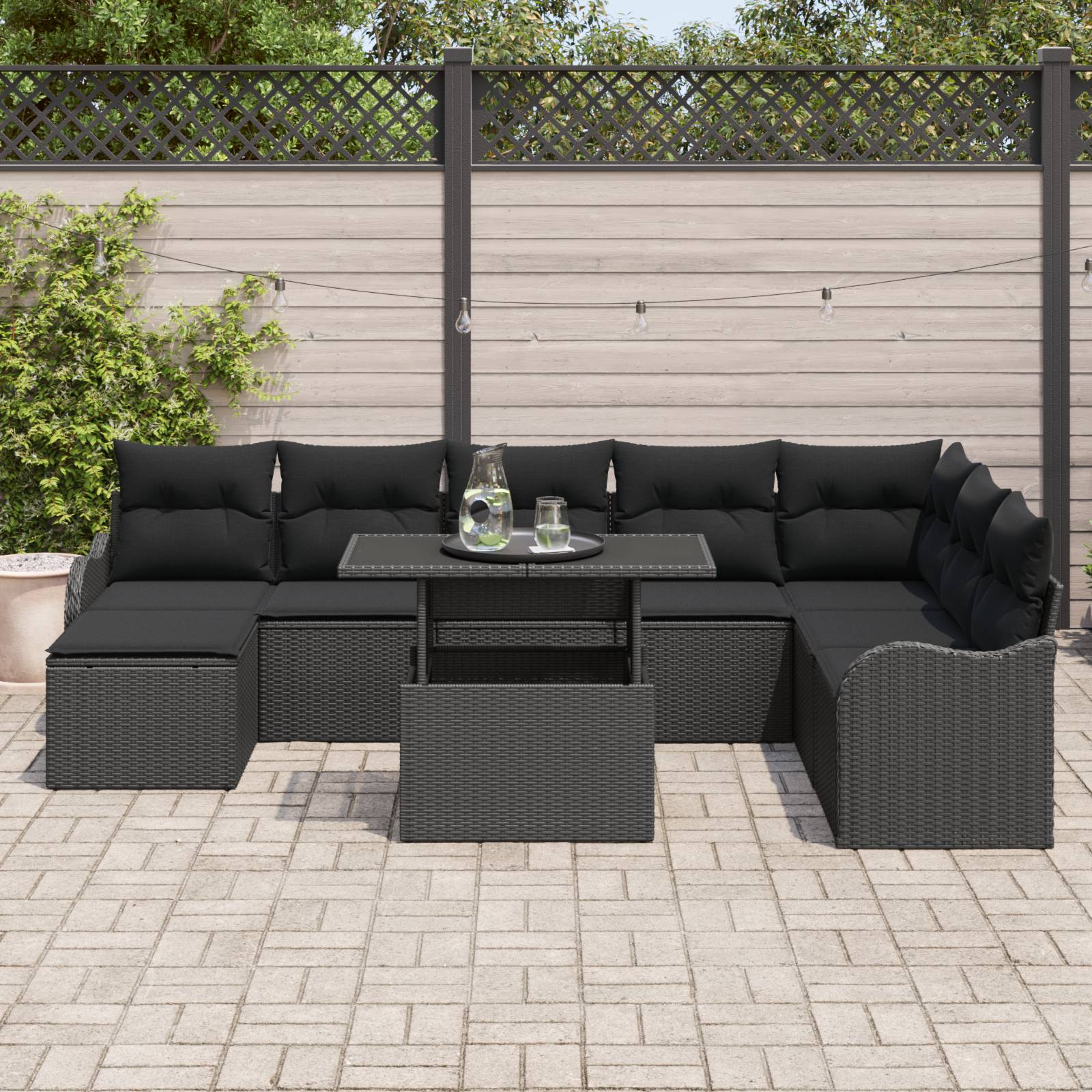 vidaXL 9-teiliges Garten-Sofa-Set mit Kissen Schwarz Poly-Rattan