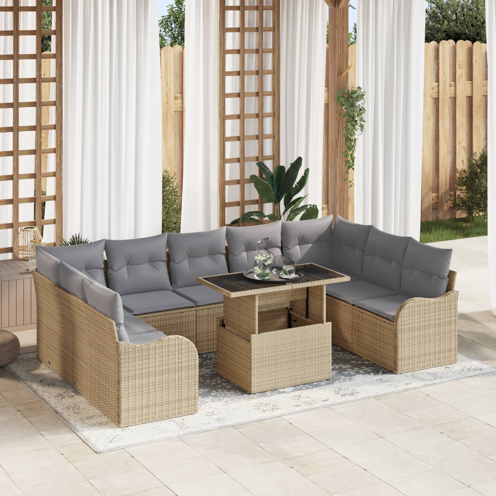vidaXL 10-teilige Garten Sofa Set mit Kissen Beige Poly Rattan