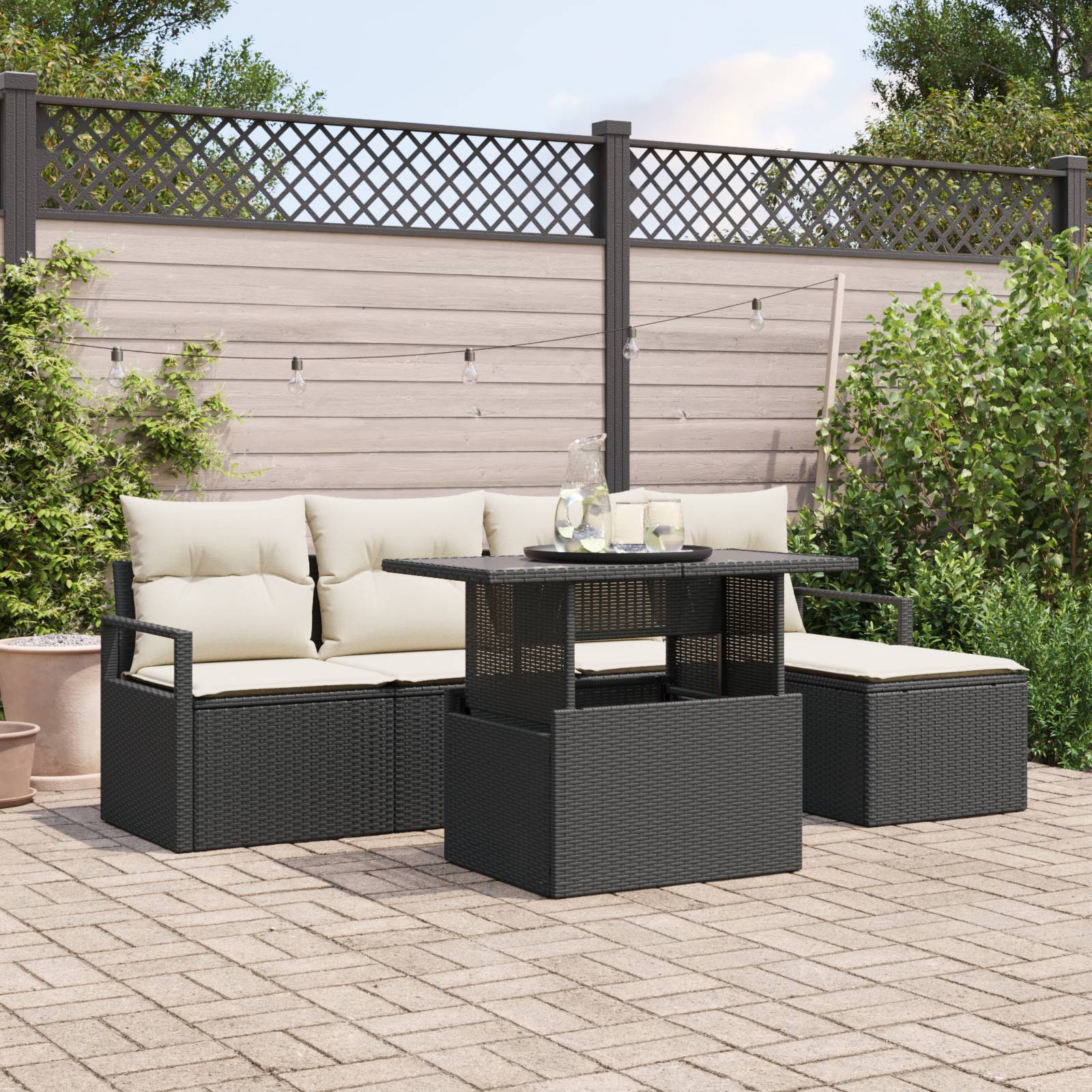 vidaXL 6-tlg. Garten-Sofagarnitur mit Kissen Schwarz Poly Rattan
