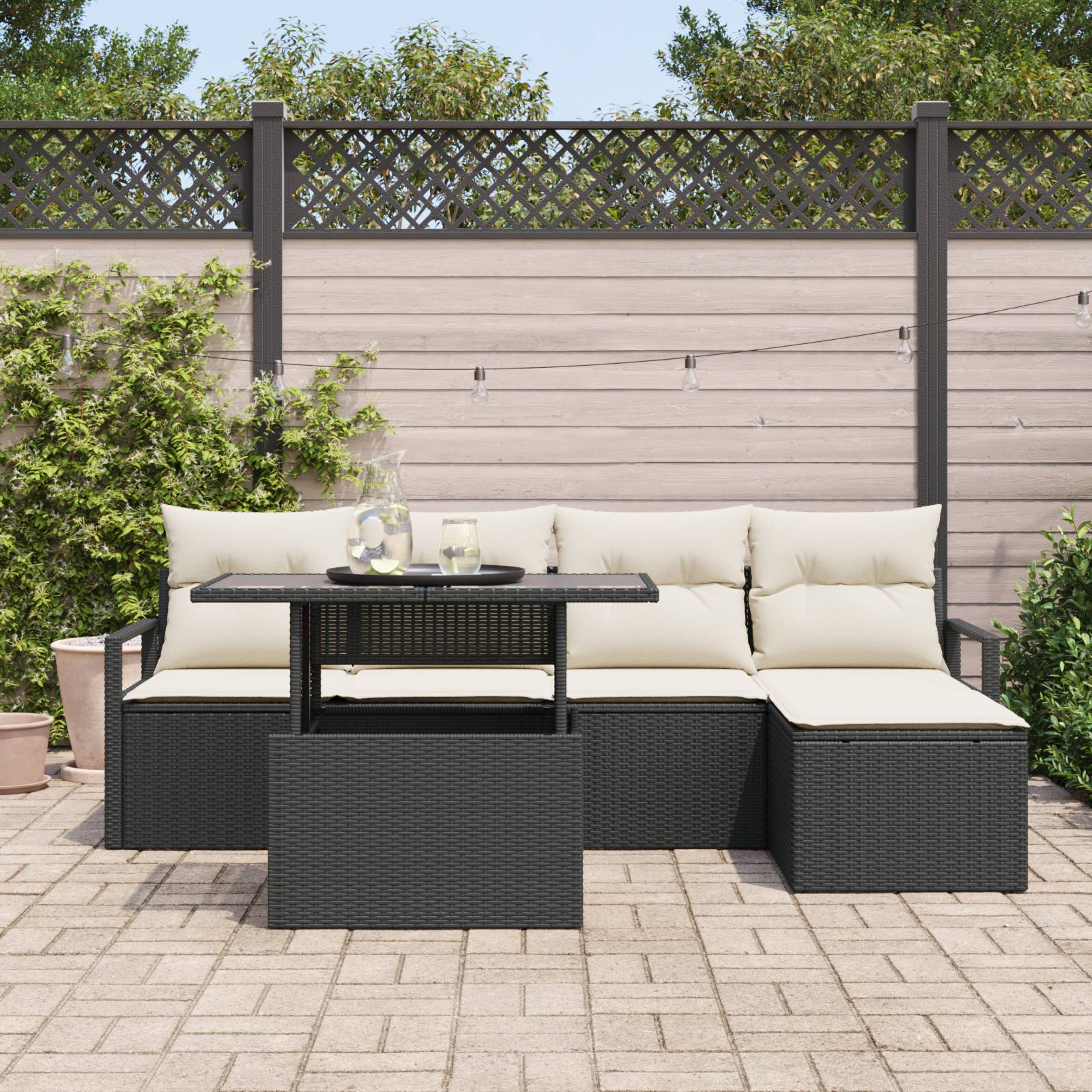 vidaXL 6-tlg. Garten-Sofagarnitur mit Kissen Schwarz Poly Rattan