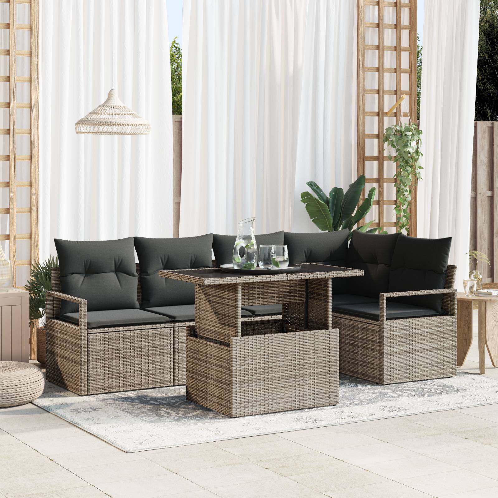 vidaXL 6-teilige Garten Sofa Set mit Kissen Grau Poly Rattan
