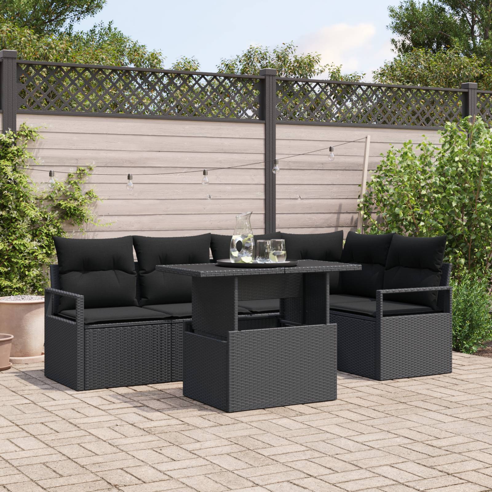 vidaXL 6-tlg. Garten-Sofagarnitur mit Kissen Schwarz Poly Rattan